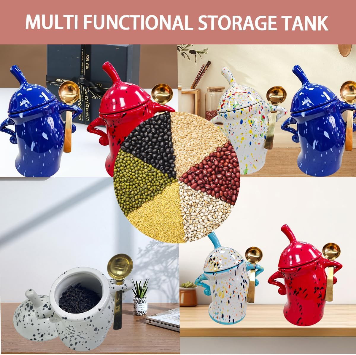 Canister With Attitude - 1.2L Ceramic Storage Jar with Lid, Airtight Kitchen Canisters Set for Coffee, Sugar & Tea | Farmhouse Flour Sugar Storage Container, Handmade with Spoon Rest (Red)