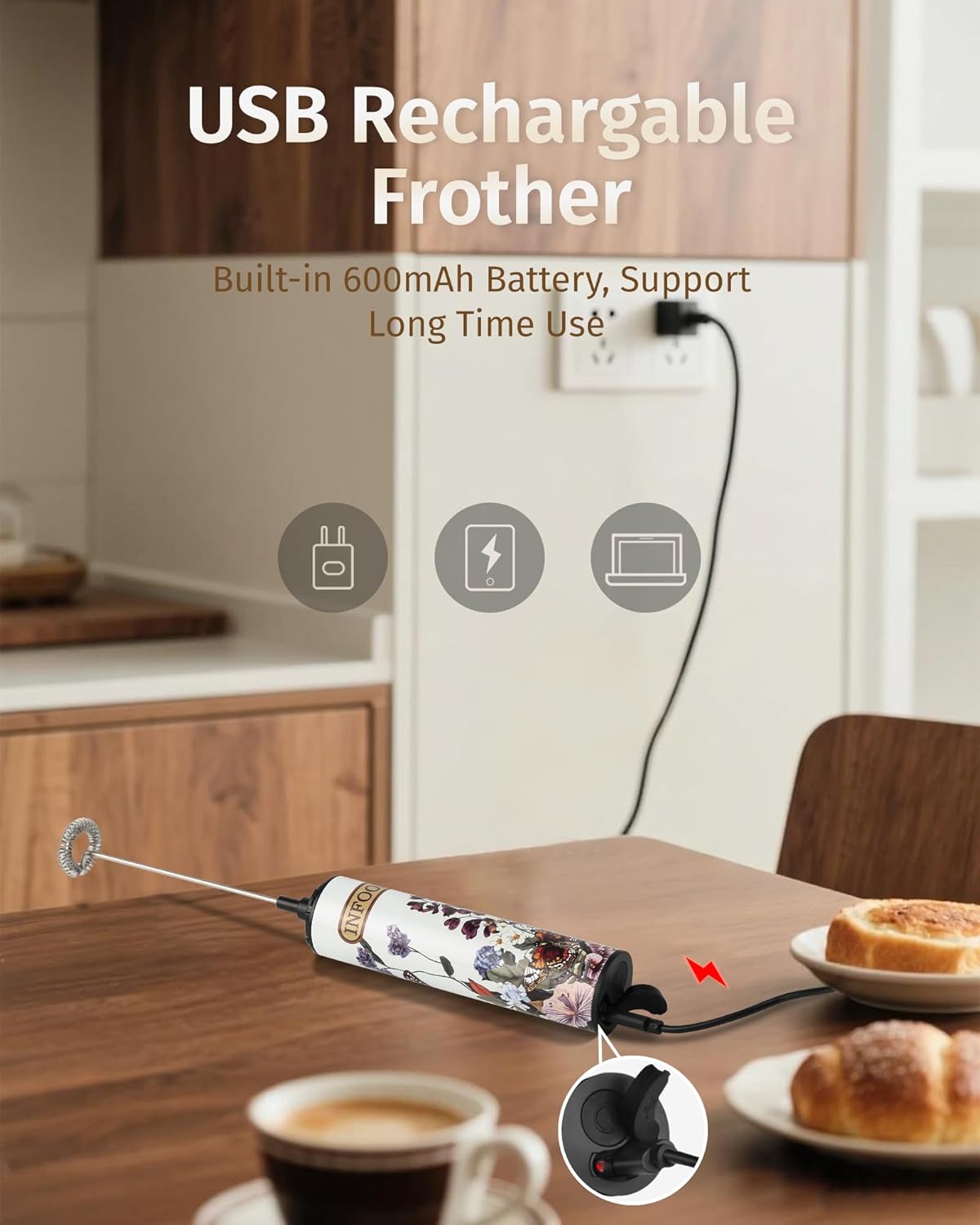 Milk Frother Rechargeable with Cover - Coffee Frother Wand, Drink Mixer Handheld with 2 Detachable Stainless Whisks 2 Speed Adjustable for Latte, Cappuccino, Hot Chocolate, Egg, White Floral