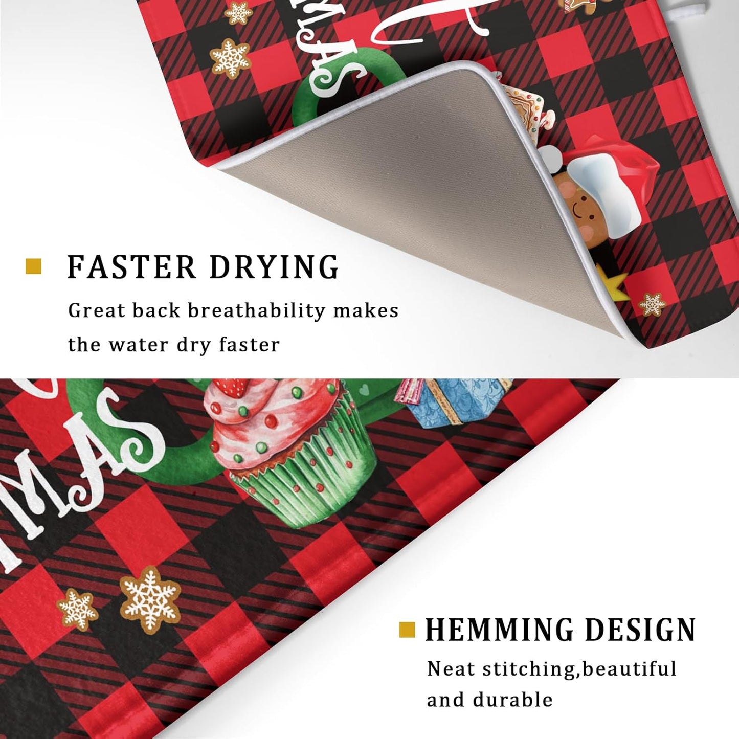 Giwawa Gingerbread Man Dish Drying Mat Large 18x24inch Have A Sweet Christmas Red Black Buffalo Plaids Dish Drainer Mats Winter Hot Cocoa Cookies Fast Drying Dish Drying Pad for Kitchen Counter