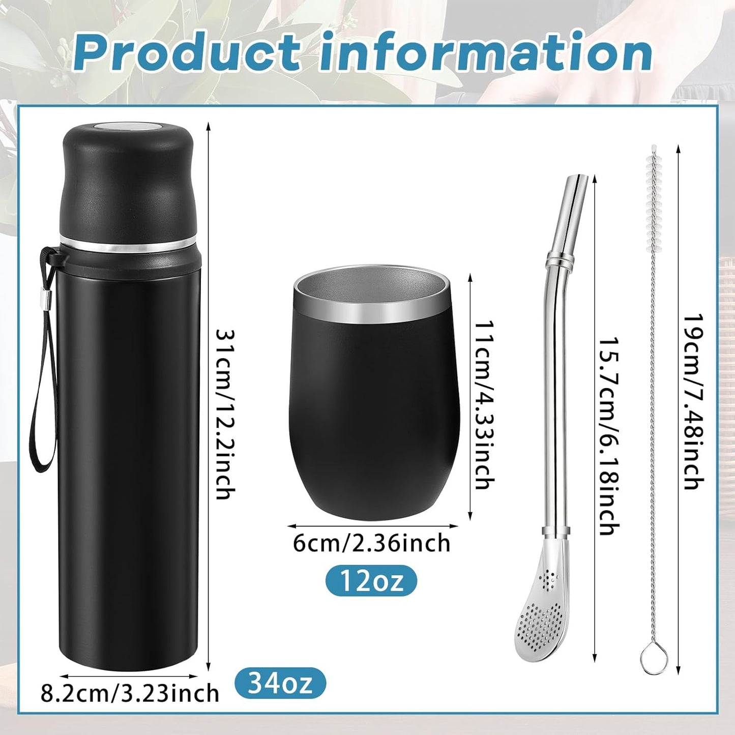 Dandat 2-Piece Yerba Mate Cup and Vacuum Bottle Kit - 12 oz Yerba Mate Gourd Cup with Bombilla Set and 34 oz Insulated Water Bottle - Black