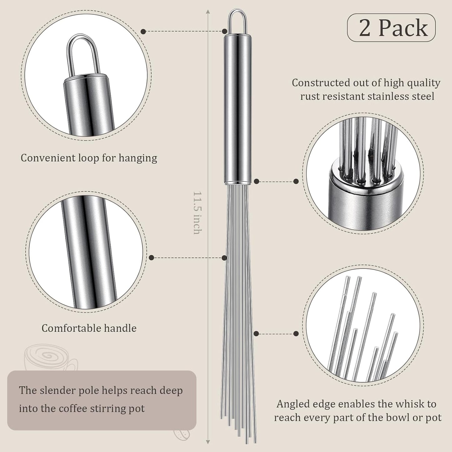 Baderke 2 Pcs Espresso Whisk 11.5 Inch Long Handle Barista Whisk 10 Needles 2 mm Stainless Steel Coffee Stirrer Tool Efficient Mixing Time Saving Reduction Clumping Ideal for Commercial Home
