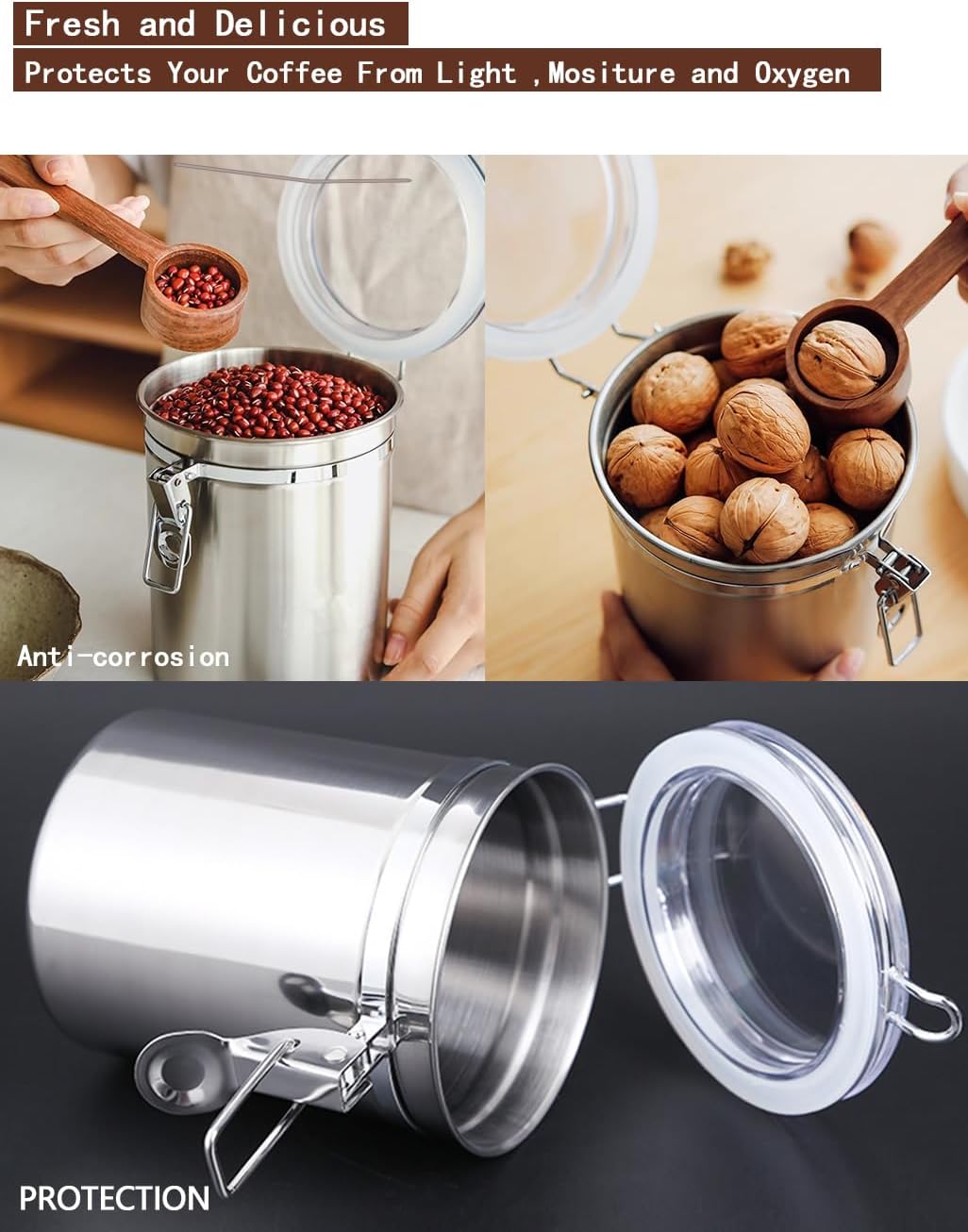 Coffee Canister 4 Pcs Stainless Steel Food Container with Clear Lids Airtight Container Stackable Canisters Kitchen Pantry Storage for Cereal, Snacks, Candy, Herbs, Spices, Sugar, Tea (1.8L Silver-4)