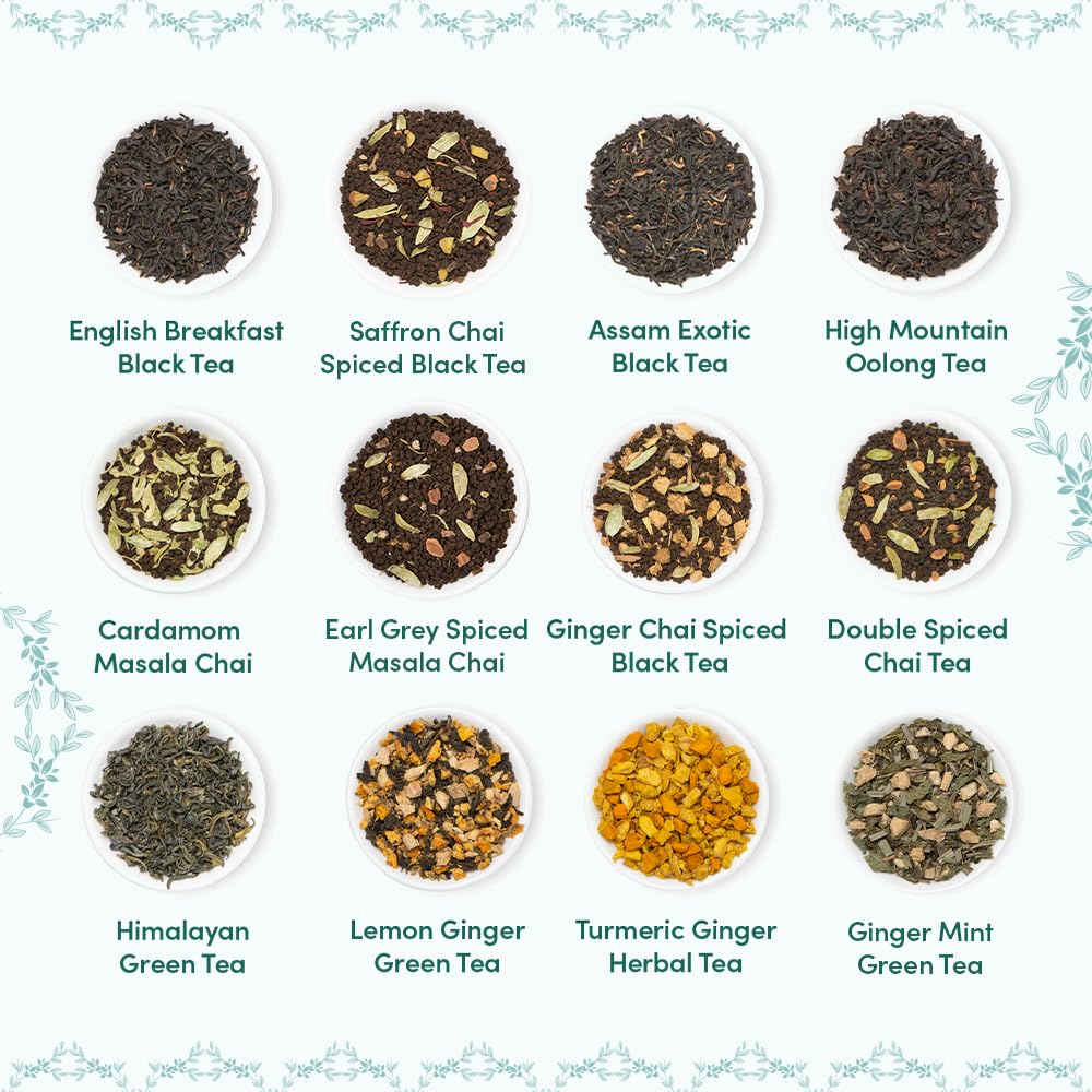 VAHDAM, Bloom - Assorted Tea Gift Sets (12 Loose Leaf Tea) Tin Caddy Presentation Box | Gluten Free, Non GMO | Gifts for Him and Her