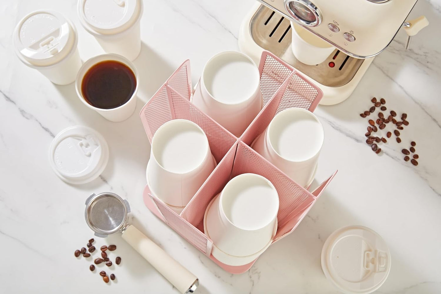 Annova Paper/Plastic Cup and Lid Holder Plastic Storage Organizer, 360°Rotating Coffee Mup Dispenser with 4 Compartments, Multifunctional Storage Rack for Home, Office, Bar, Coffee Shop (Light PInk)