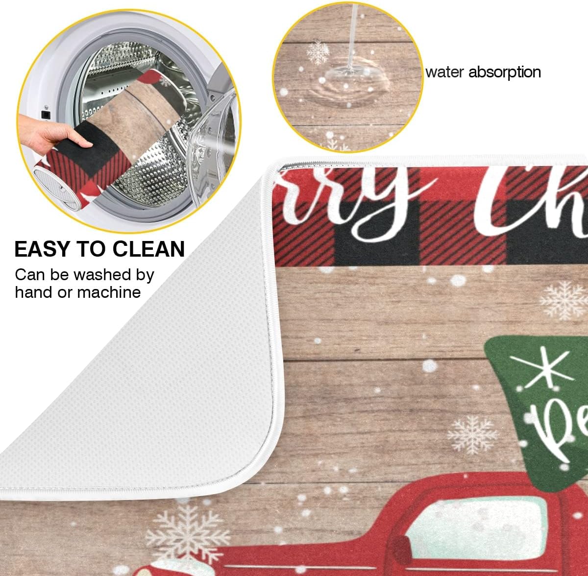 Christmas Dish Drying Mat 18 x 24 Inch with Hanging Loop High Absorbent Reversible Microfiber Red Truck Buffalo Check Plaid Dish Mat Dish Drying Pad Dish Rack Pad Drainer Mat Counter Mat