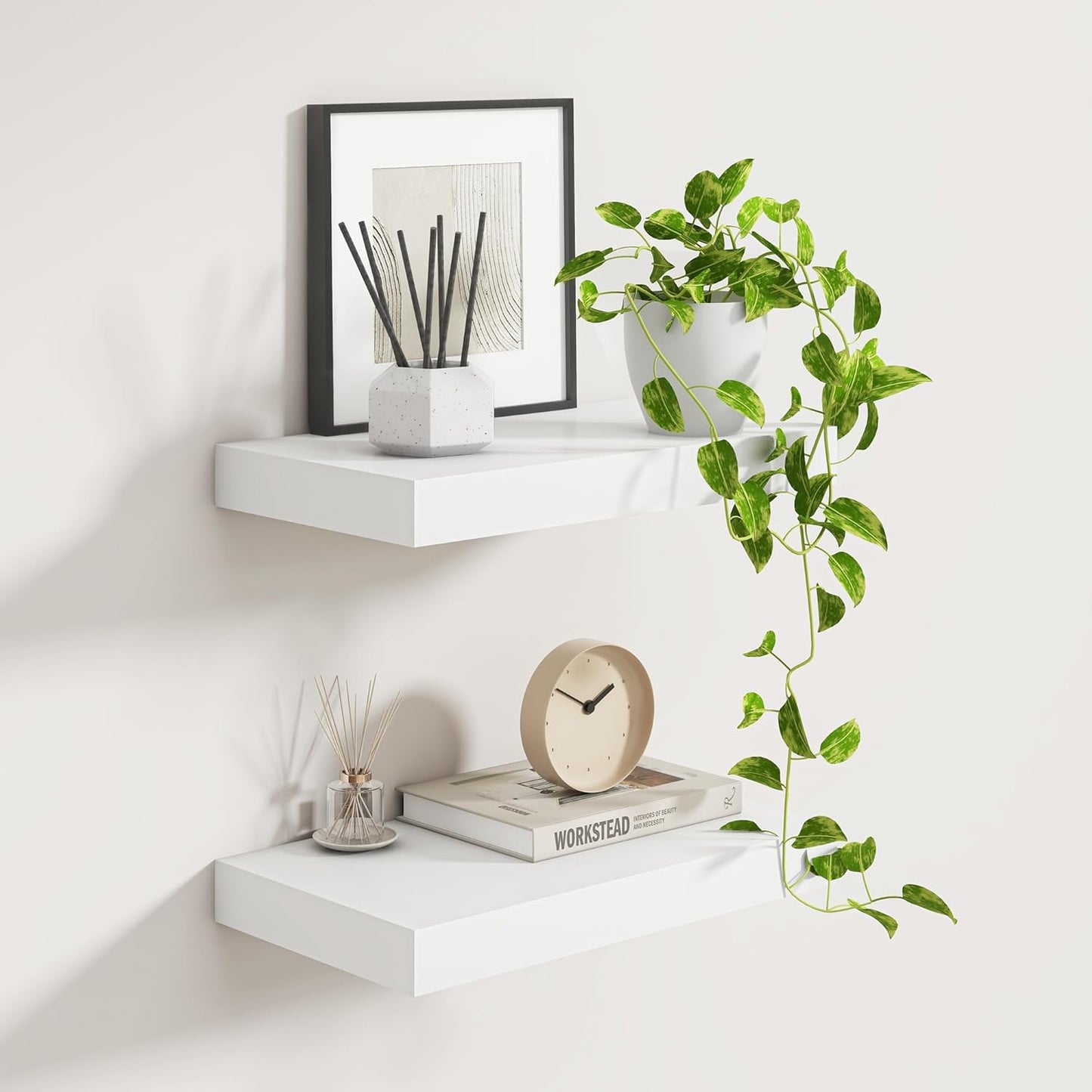 Fun Memories White Floating Shelves for Wall, 16 x 9 Inch Floating Shelf Set of 2, Rustic Natural Wood Wall Shelves, 9" Deep White Bathroom Shelves for Storage & Display