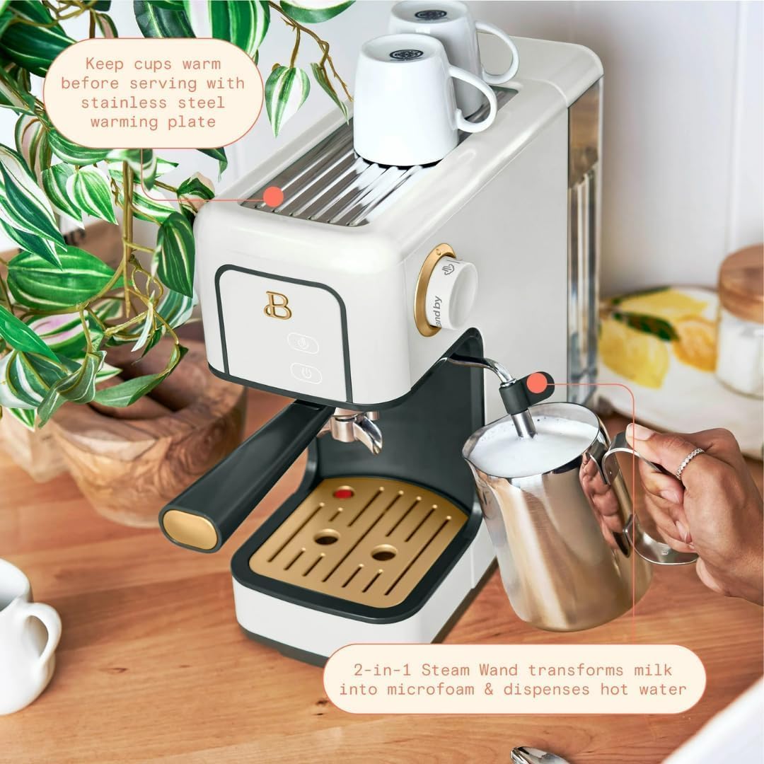 Beautiful Slim Espresso Maker by Drew Barrymore – 20‑Bar Pressure, Dual‑Spout 52 mm Portafilter, 50 oz Removable Tank, 2‑in‑1 Steam Wand & Touch Controls (White Icing)