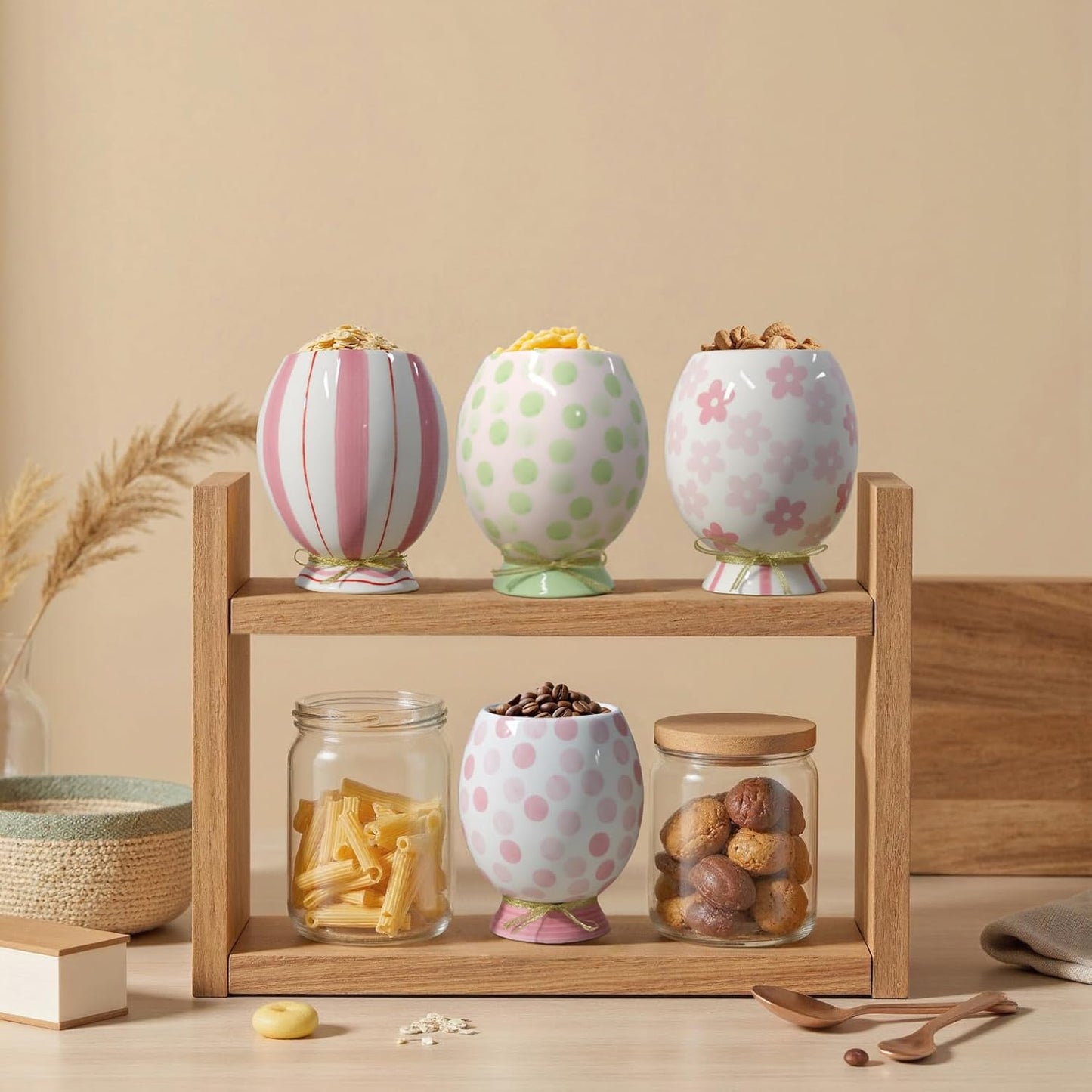 Cute Storage Jars with Airtight Lid, Funny Candy Shape Ceramic Food Container, Cookie Canister for Coffee Bean, Sugar, Tea, Spices, Cereal, Nuts, Dog Treat-700 ml / 23.7 oz(Pink Flowers)