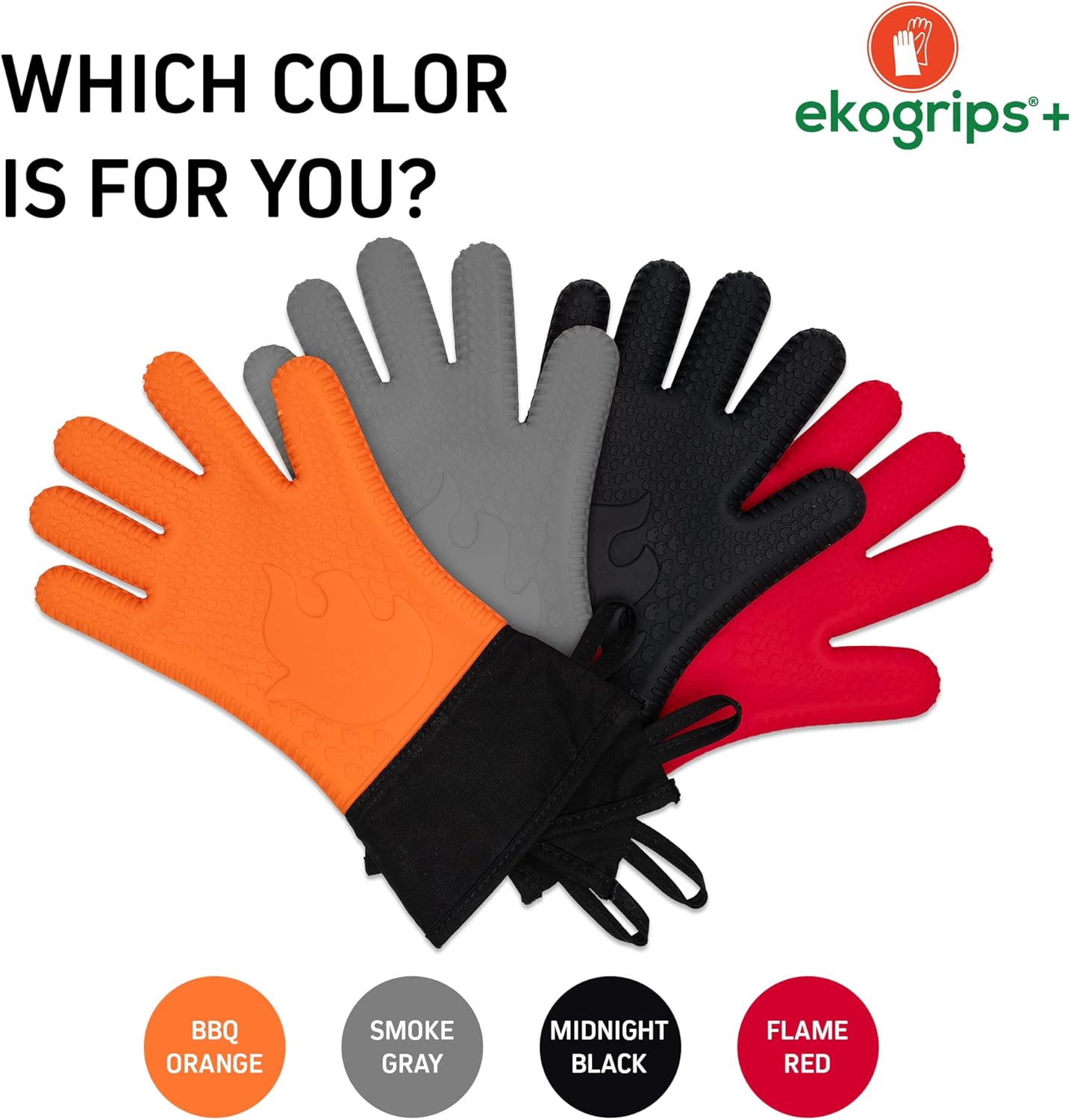 Ekogrips+ Premium Silicone Oven Mitts - Comfy, Waterproof, Heat Resistant BBQ Gloves for Grilling, Long Cuff for Added Protection, 5 Finger Dexterity, 3 Sizes, 4 Colors, S/M, Red
