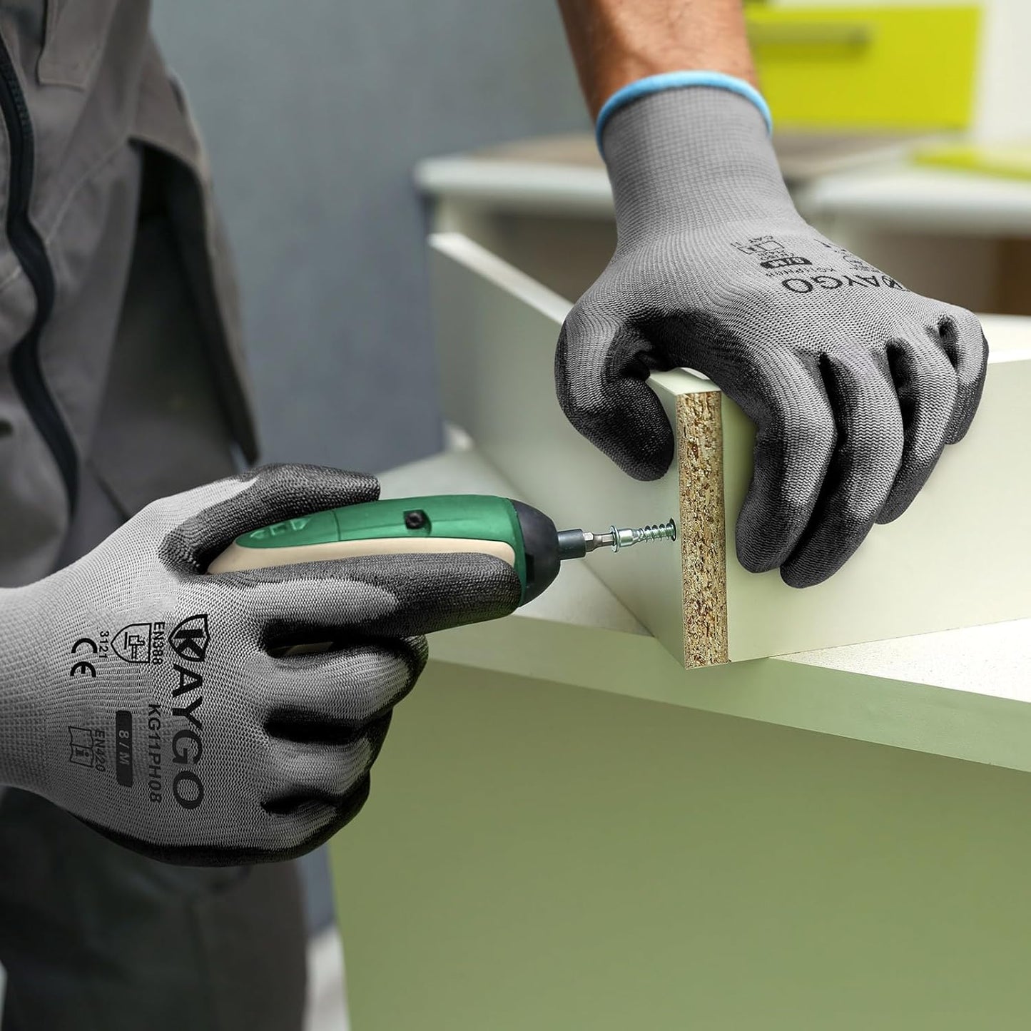 KAYGO Safety Work Gloves PU Coated-12 Pairs KG11PB Seamless Knit Glove with Polyurethane Coated Smooth Grip on Palm & Fingers for Men and Women, Gray,Large