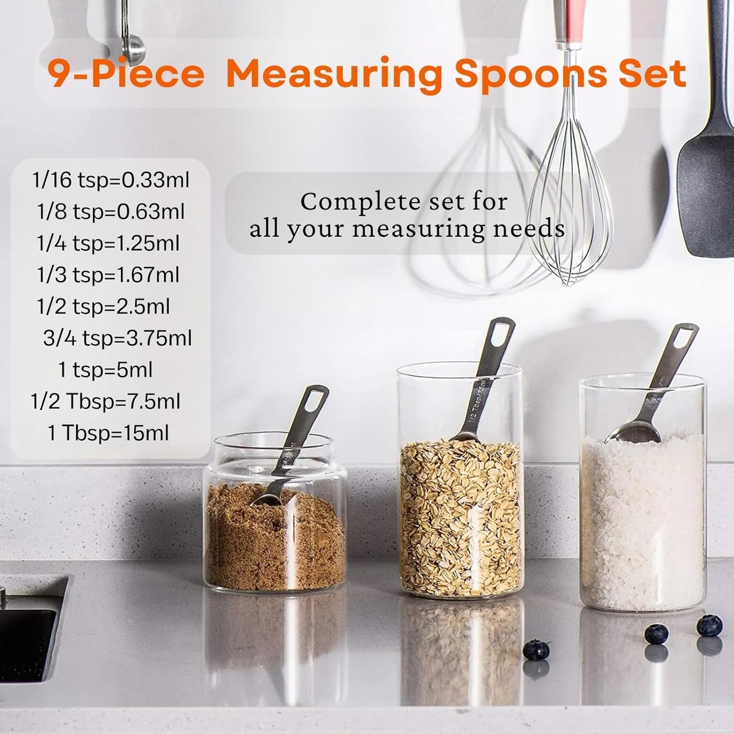 9PCS Measuring Spoons Set Stainless 1 tbsp, 1/2 tbsp, and 1-1/16tsp Steel Measuring Spoons for Cooking Baking Spice Jars and Liquid Ingredients