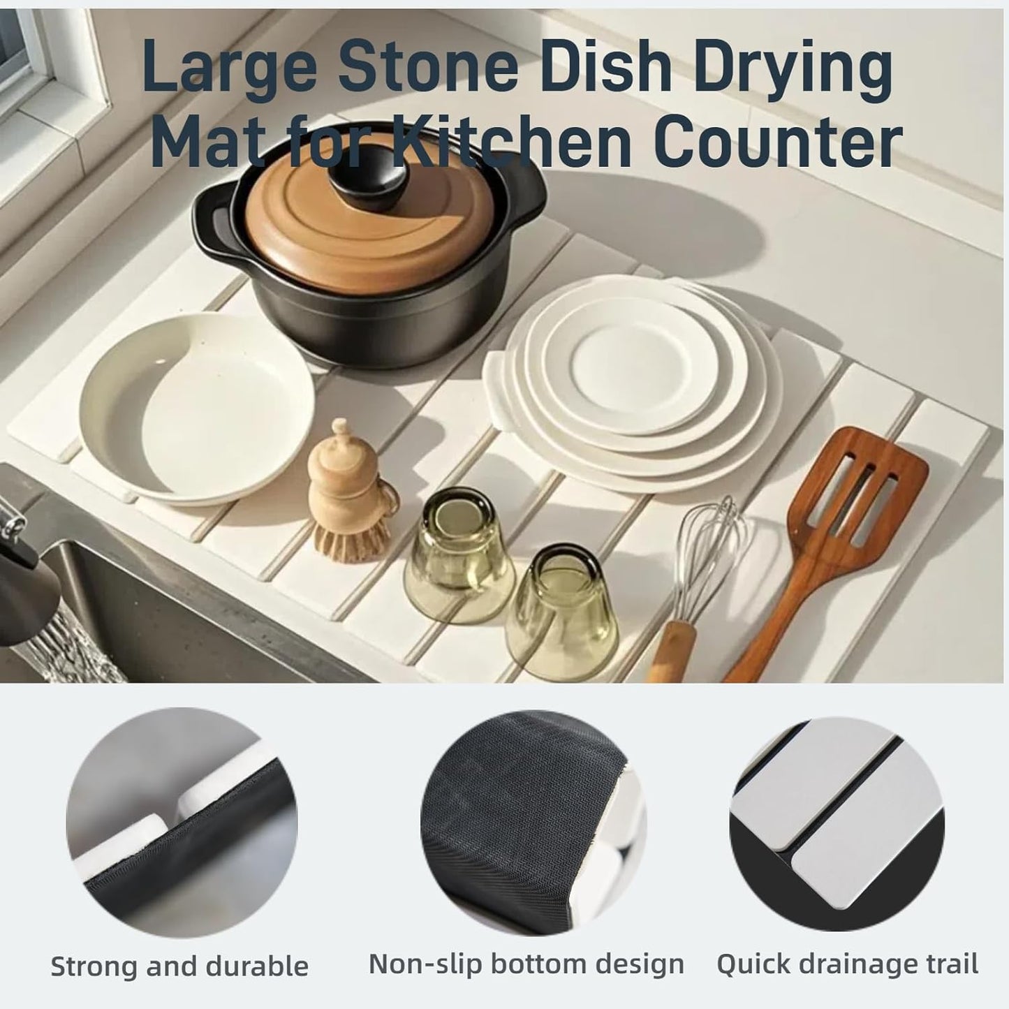 Stone Drying Mat for Kitchen Counter, 23.6" x 15.3" Foldable Diatomaceous Earth Dish Drying Mat - Large Stone Dish Drying Mat for Dishes Cups Bottles Drying, Match Any Countertop (White, Large)