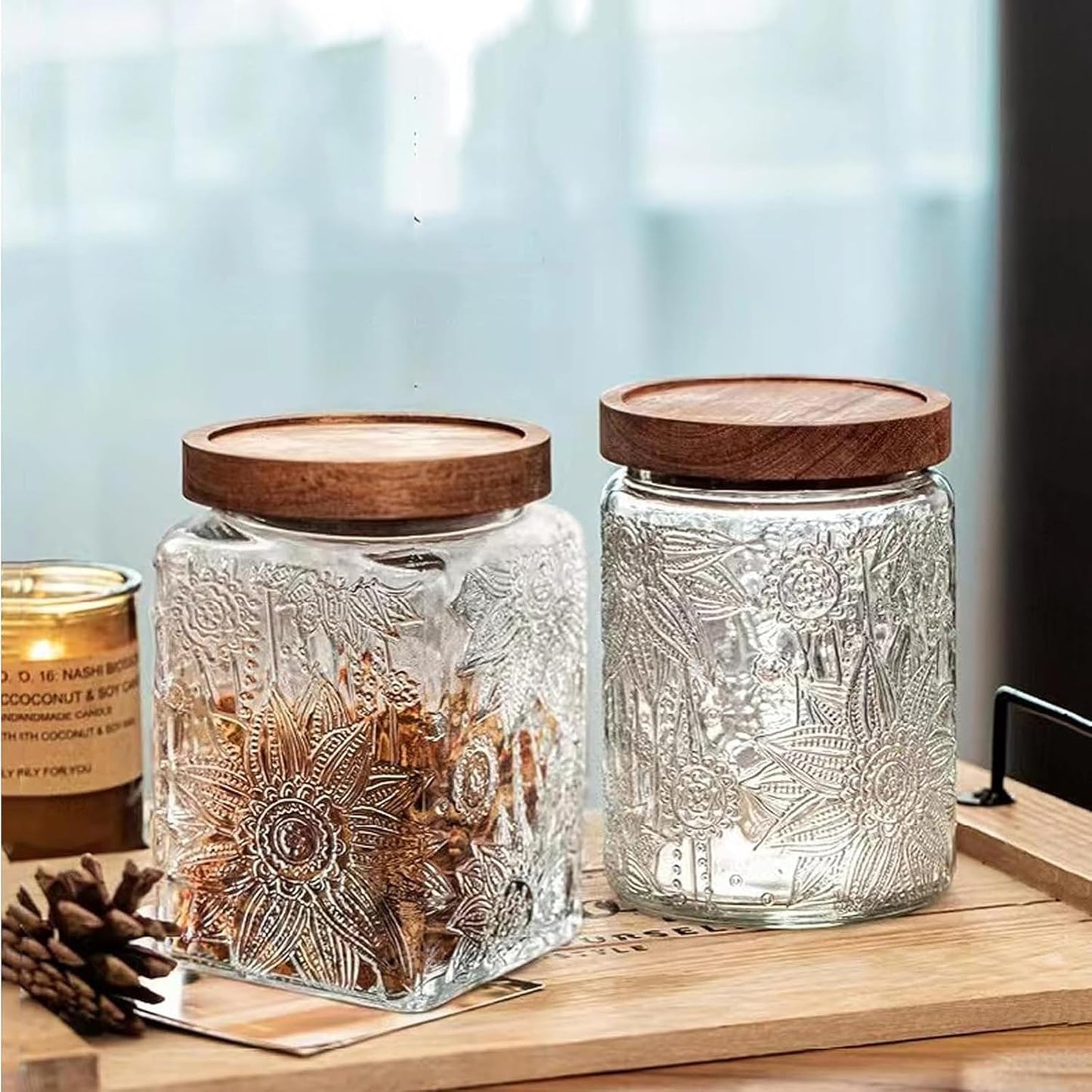 Snminetal Vintage Glass Airtight Storage Jar, With Airtight Wood Lid, Kitchen Food Storage Containers,for Kitchen Counter, Pantry, Tea, Sugar, Coffee Tea Beans,Flour,Food Storage Jar (Sunflower*2)