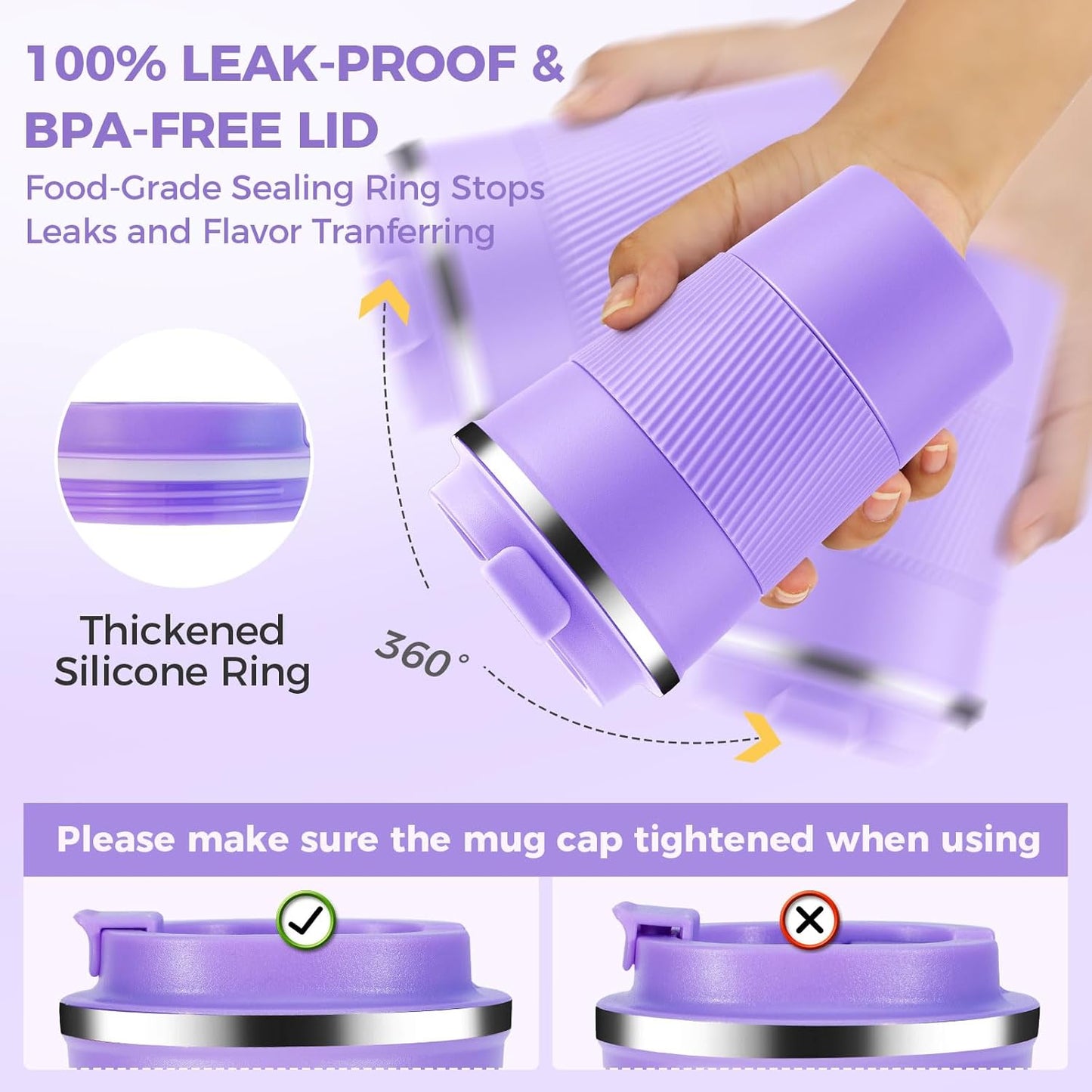 Volhoply 13 oz Stainless Steel Insulated Travel Coffee Mug with Fip Lid Bulk 8 Pack,Reusable Double Wall Vacuum Metal Coffee Cup,Portable Leak Proof Thermal Tumbler for Hot & Cold Drinks(Purple,8)