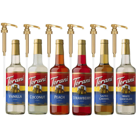 Original Bestsellers Syrup Variety 6-Pack - Vanilla, Peach, Strawberry, Coconut, Salted Caramel & White Chocolate - Coffee & Italian Soda Flavor Syrup with 6 Jimoco Dispenser Pumps