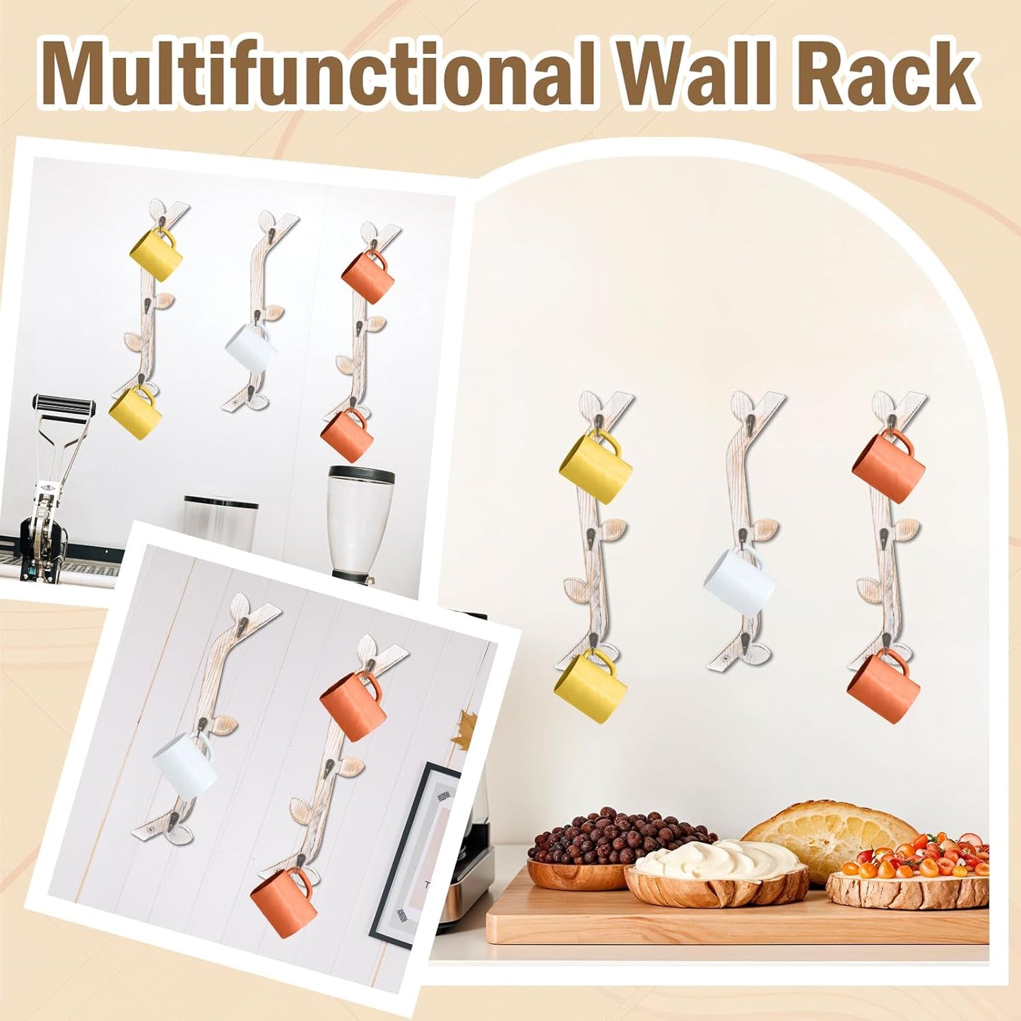 3 Pack Wood Coffee Mug Wall Rack with 9 Hooks Wall Mount Coffee Cup Holder White Espresso Cup Display Stand Tea Cup Hanger Display Wall for Kitchen Cafe Bar