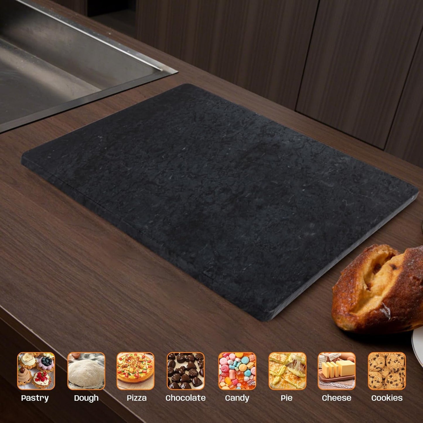 Black Marble Cutting Board, 12x16 Inch Marble Pastry Board With Non-Slip Feet For Cheese, Charcuterie, Dough, Chocolate, Dessert, Pack Of 1 Piece