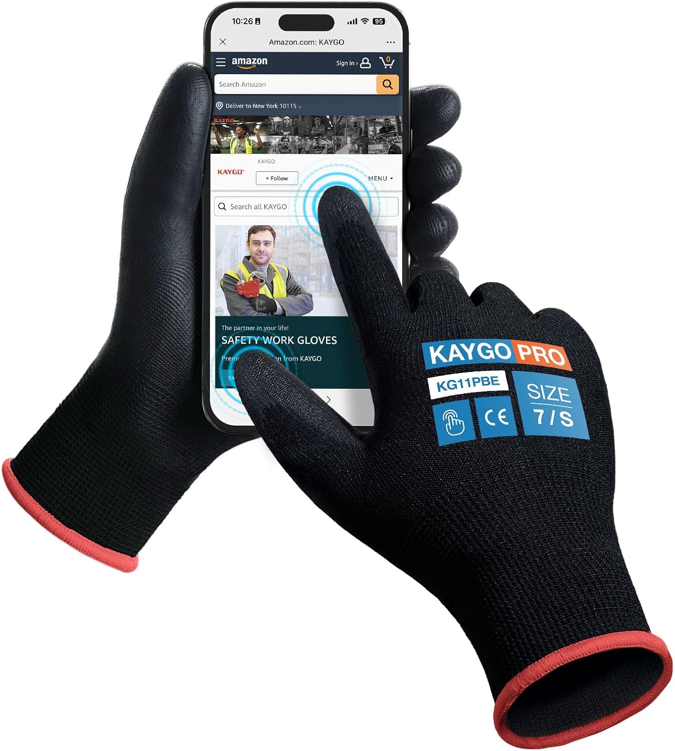 KAYGO Safety Work Gloves PU Coated for Men and Women, 60 Pairs KG11PB, Seamless Knit Glove with Two Fingers Touchscreen, breathable and lightweight Ideal for General Duty Work (Small,Black)