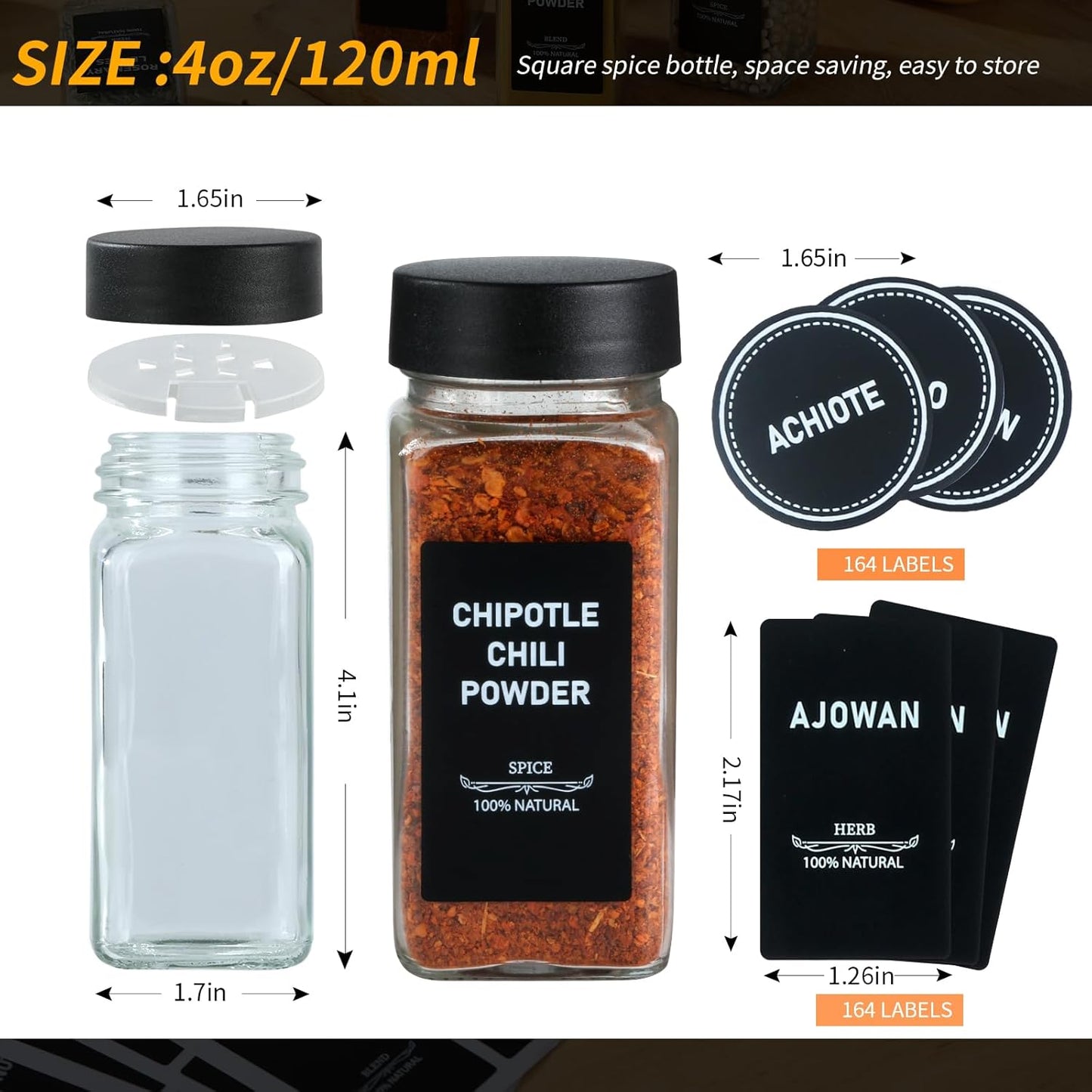 36Pcs Spice Jars Containers with Labels，4oz Black Seasoning Bottles with Shaker Lids for Rack, Cabinet, Drawer,Empty Square Condiment Pots (36, Black)