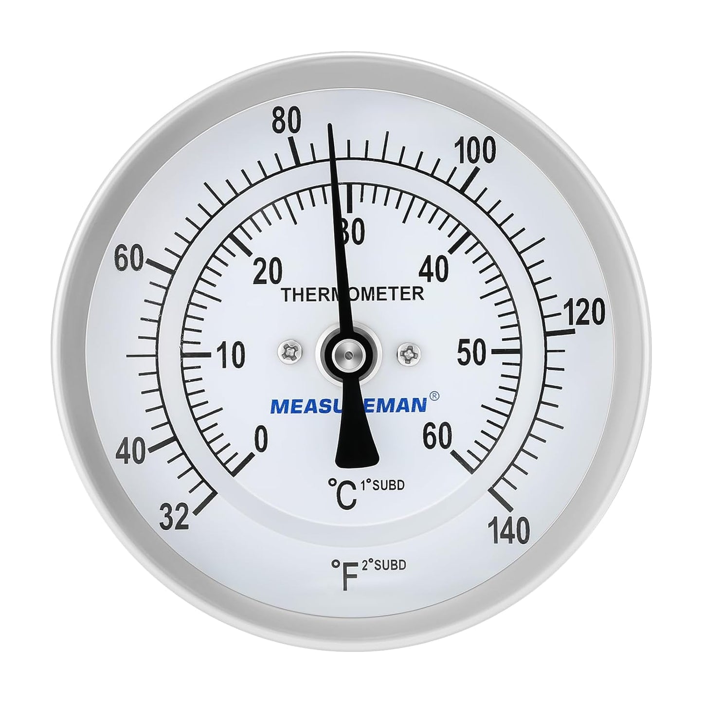 MEASUREMAN Homebrew Bi-Metal Thermometer, 3" Dial, 6" Lead-Free Brass Stem, Range 32-140 deg F/0-60 deg C, 2% Accuracy, Adjustable, 1/2" NPT Back Mount