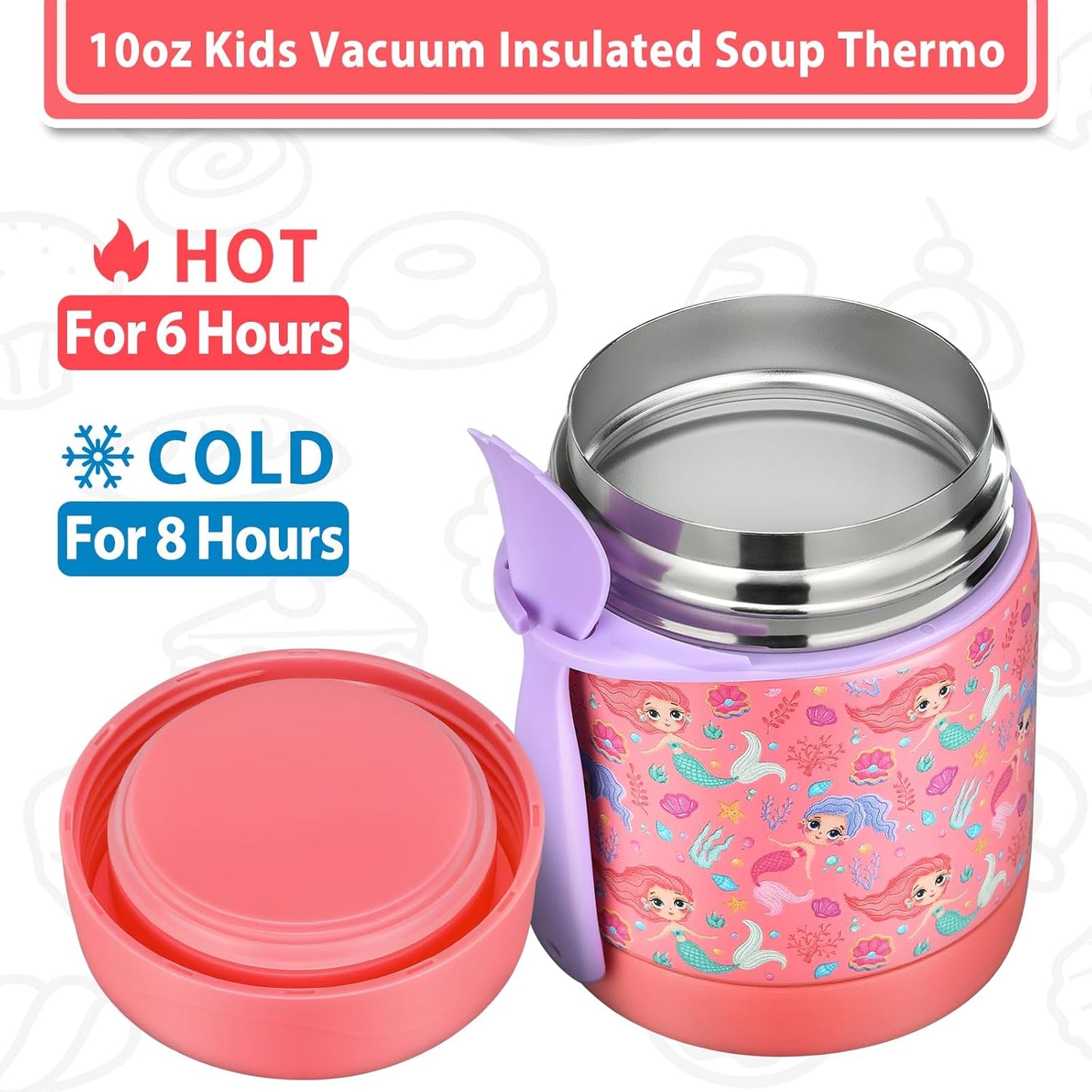 10oz Soup Thermo for Hot Food Kids,Lunch Thermo Kids Food Jar with Spoon Hot Insulated Food Containers,Leak Proof Stainless Steel Wide Mouth Lunch Food Thermo Jar for School(Pink-Mermaid)