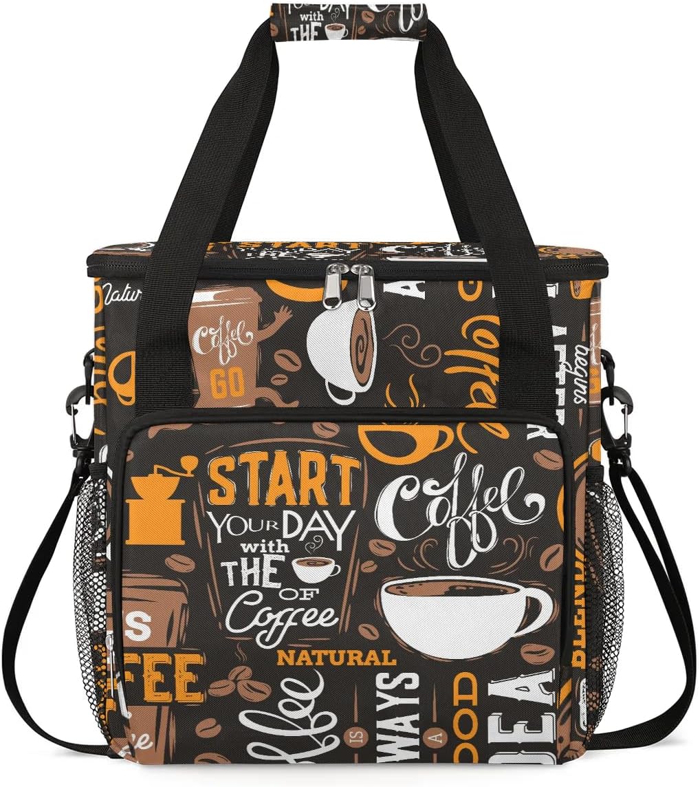 coffee beans cup yellow Coffee Maker Carring Bag Travel Carrying Storage Tote Bag Compatible with Keurig K-Mini or K-Mini Plus Portable Single Serve Coffee Brewer Case with Pockets for K-cup Pods
