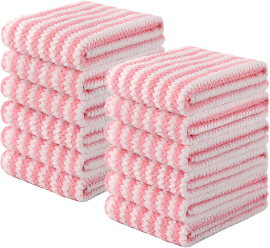 Homaxy Kitchen Towels(12 Pack, 10 x 20 inches), Ultra Soft and Absorbent Dish Towels, Reusable Fast Drying Microfiber Cleaning Cloth, Coral Velvet Wave Design No-lint, Pink