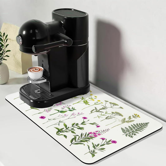 Bloss Kitchen Mat, Coffee Mat 12"x19", Coffee Bar/Maker Mat, Kitchen Counter Mats, Absorbent Hide Stain Rubber Backed Dish Drying Pad(, Flowers and Leaves)