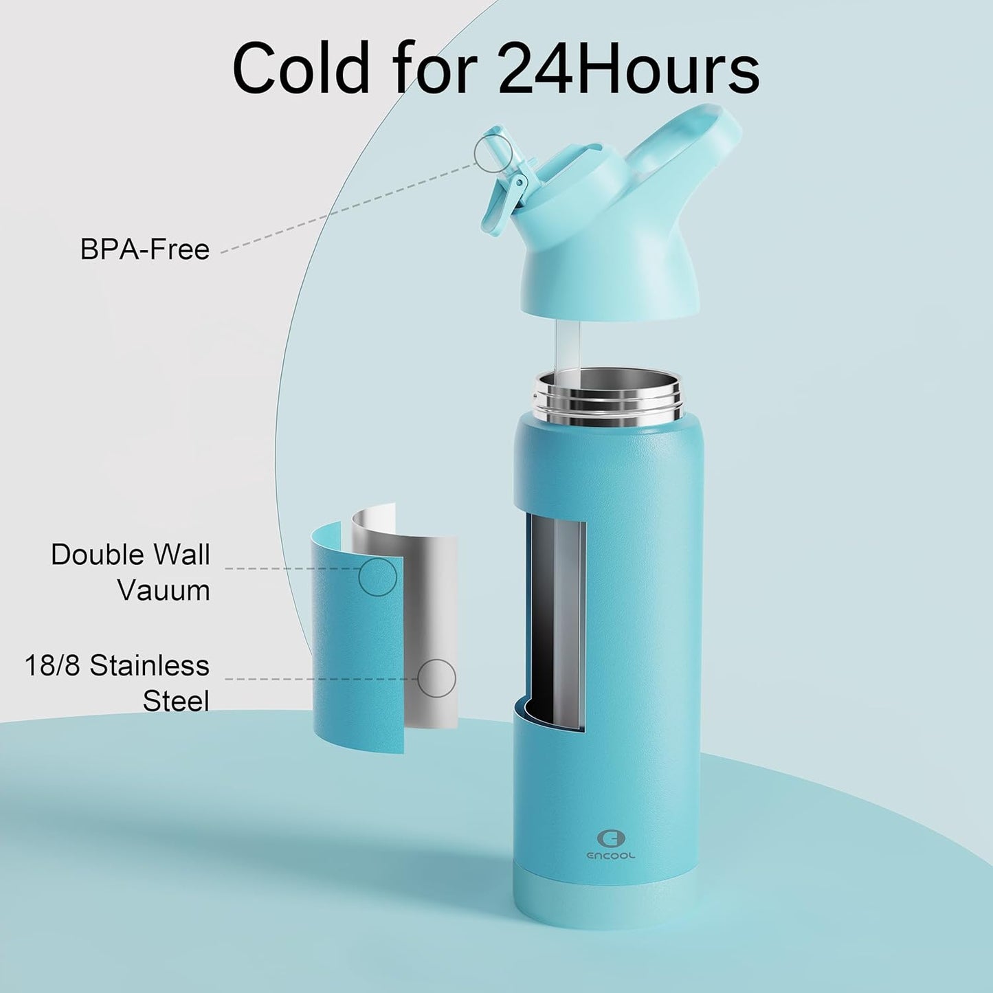 Insulated Water Bottle with Straw - Encool Stainless Steel Water Bottle, Reusable Leakproof and BPA-Free for Sports, Travel, Cold for 24 Hours, 24 oz, Mint Green