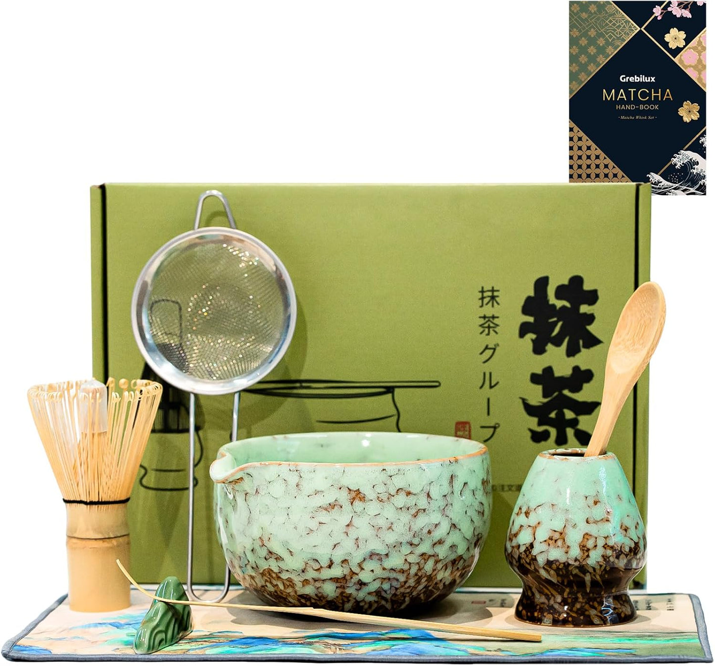 Matcha Whisk Set, Ceramic Matcha Set Includes Matcha Bowl, Whisk & Holder, Scoop, Sifter, Spoon, Scoop Rest, Tea Mat, Hand Book - 9 Pcs Kit for Matcha Lovers (Green)