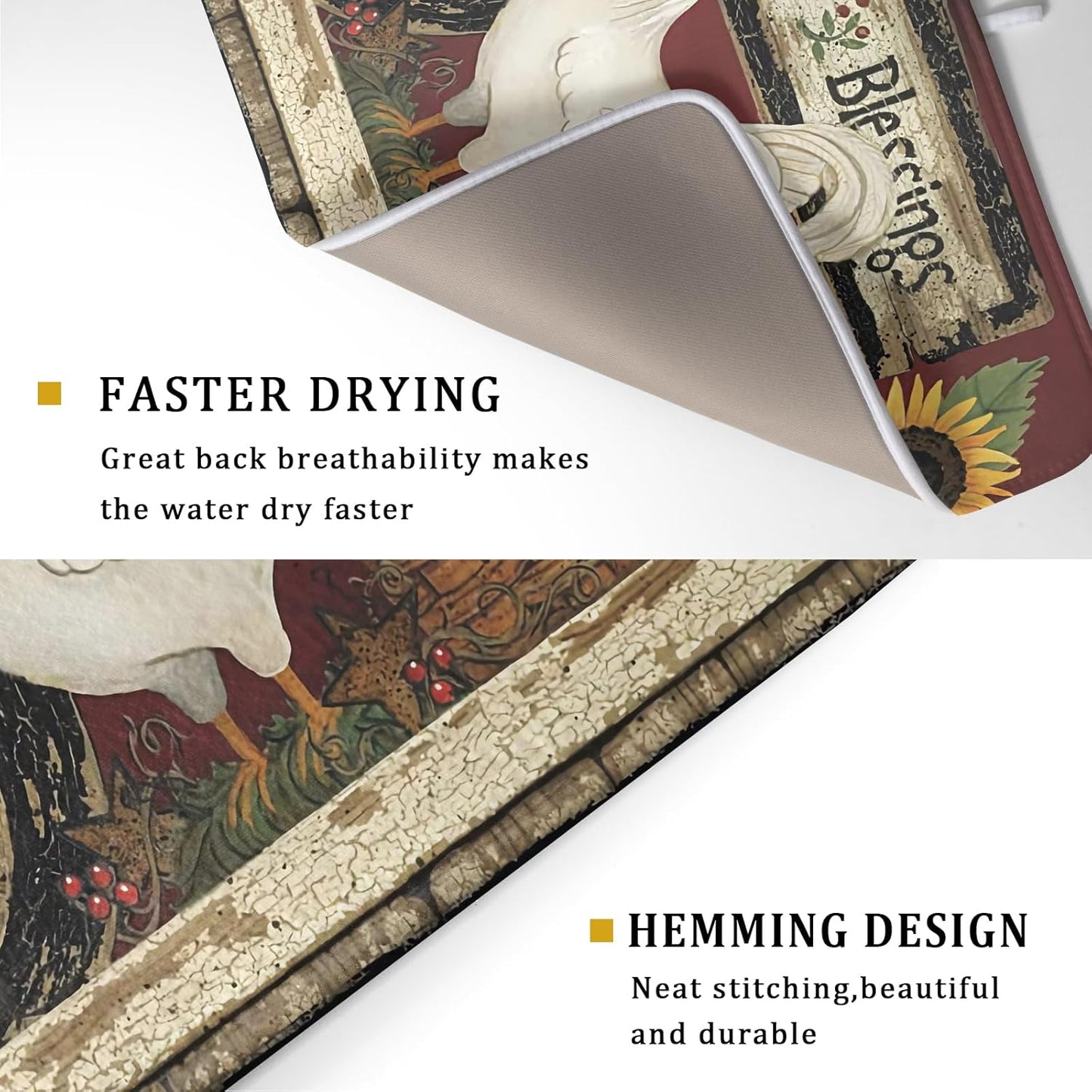 Giwawa Vintage Rooster Dish Drying Mat for Countertop, 18"x24" Farmhouse Chicken Dish Drainer Mats, Rustic Country Style Fast Drying Microfiber Dish Drying Pad Kitchen Accessories Decor Large