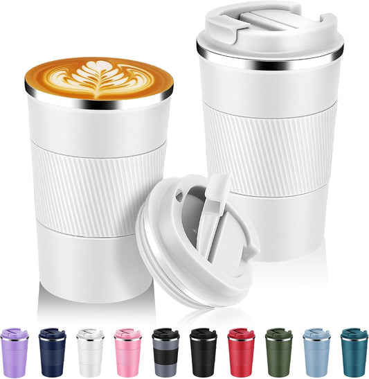 Volhoply 13 oz Stainless Steel Insulated Travel Coffee Mug with Fip Lid Bulk 2 Pack,Reusable Double Wall Vacuum Metal Coffee Cup,Portable Leak Proof Thermal Tumbler for Hot & Cold Drinks(White,2)