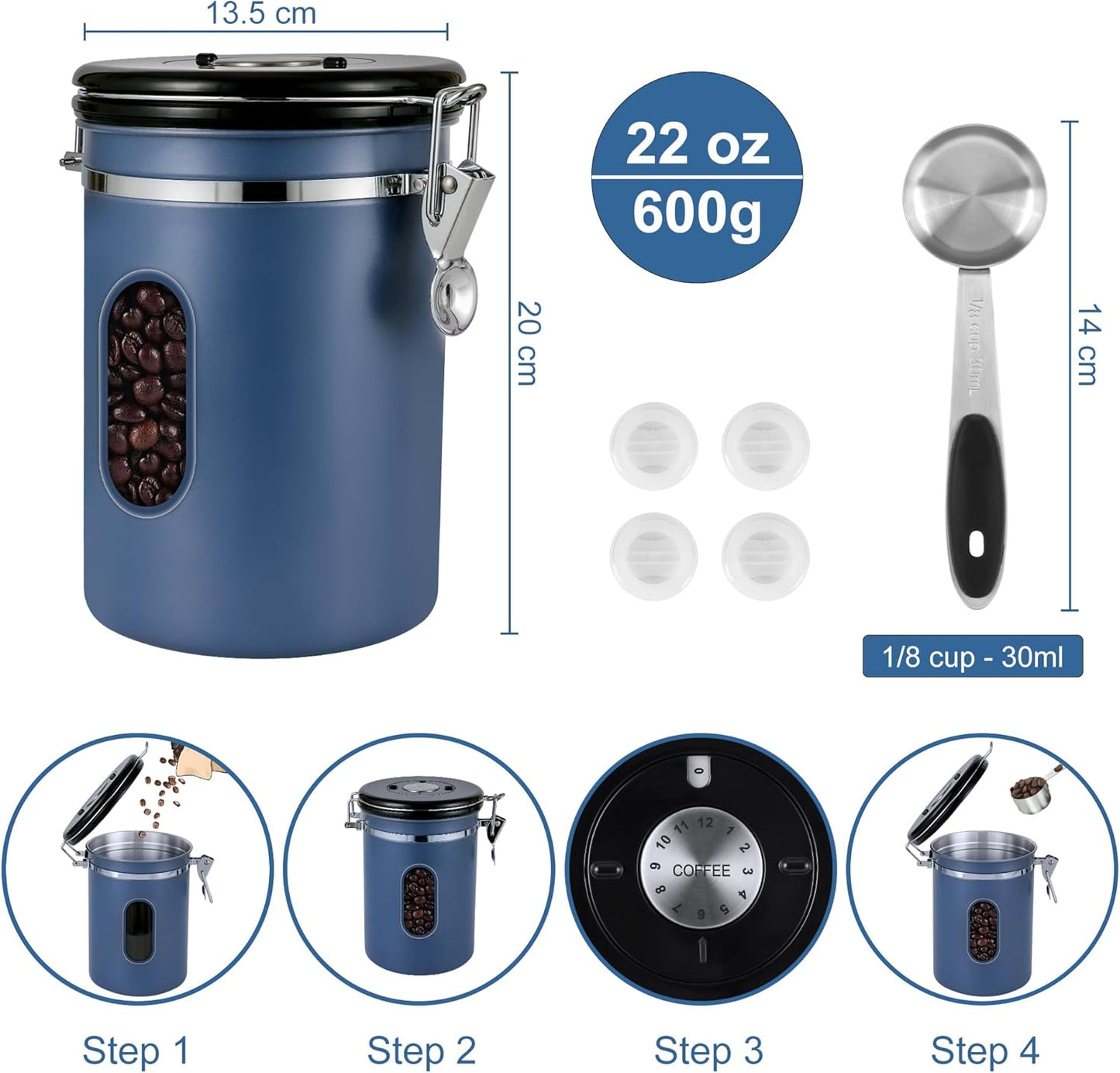1800ML Airtight Coffee Canister with Date Tracker&Transparent Window, 22.8OZ Coffe Beans Storage with 30ML Measure Spoon&4 co2 Valve, Coffee Container for Grounds Coffee, Beans, Tea, Sugar&Flour(Blue)