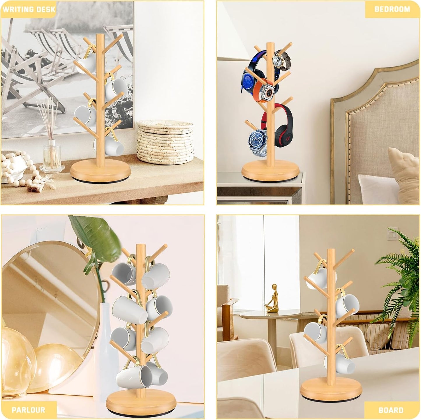 Mug Holder Tree,New Upgraded 360° Rotated 8 Hooks Coffee Cup Holder for Counter,Wood Coffee Mug Rack Standing for Coffe e Bar Accessories and Kitchen Home Organizer(Natural)