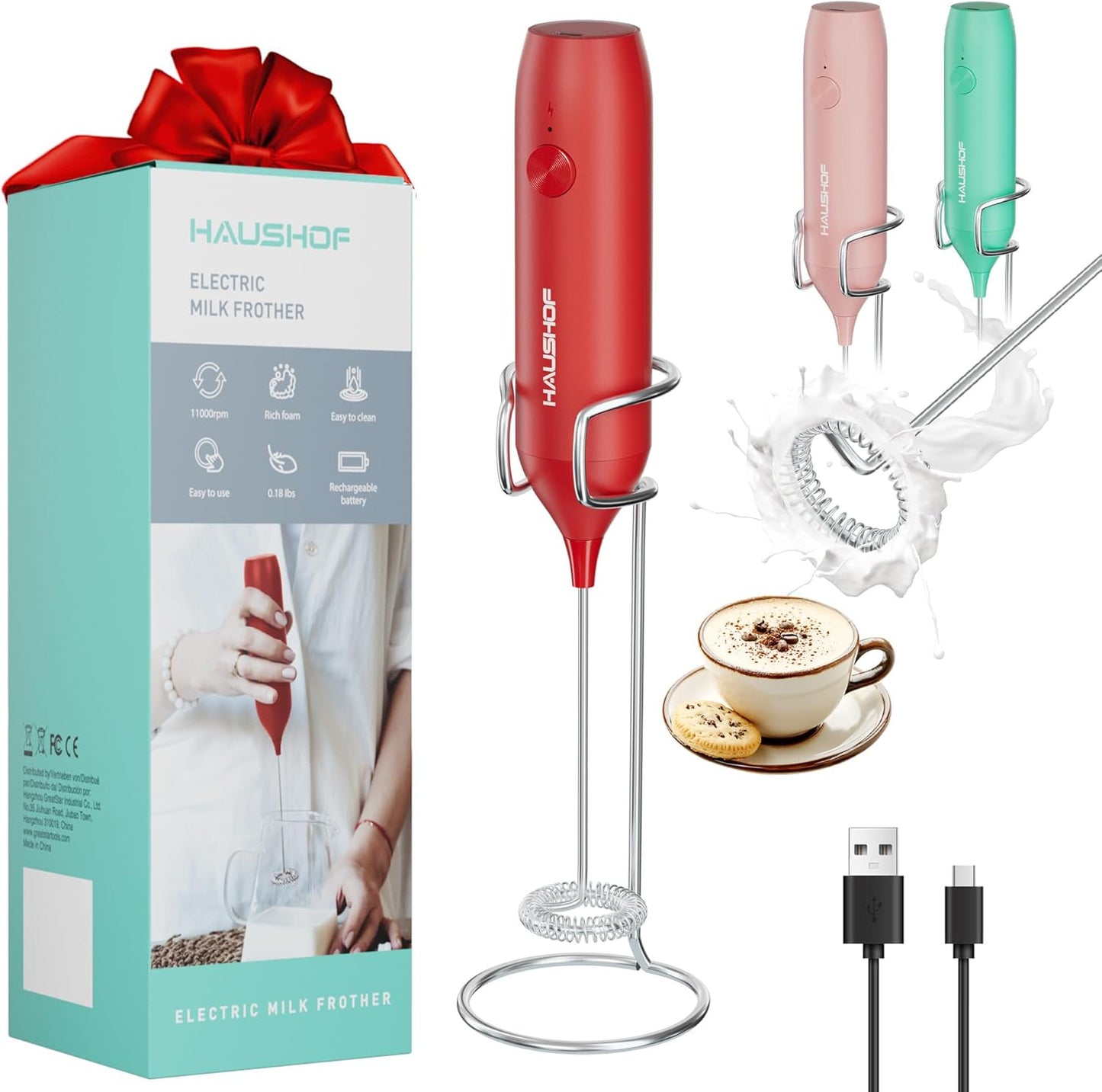 HAUSHOF Powerful Rechargeable Milk Frother Wand with Stand, Handheld Electric Foam Maker, Drink Mixer with Detachable Stainless Steel Whisk for Coffee Latte, Cappuccino, Matcha, Red