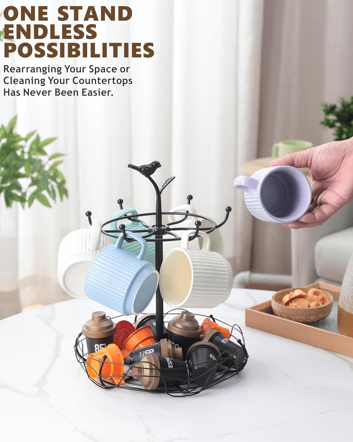 Rotating Mug Tree for Countertop | Decorative Bird & Nest Mug Holder with Storage Basket | Holds 6 Mugs & Pods | 360° Spinning Coffee Cup Rack for Kitchen, Coffee Bar Accessories & Home Décor