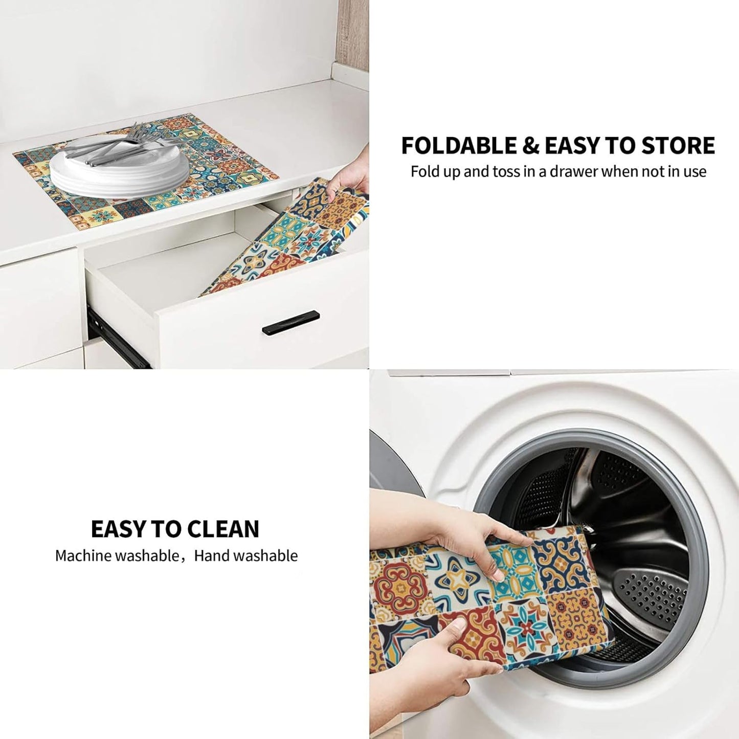 Traditional Multicolor Ornate Dish Drying Mat, Highly Absorbent Microfiber Kitchen Counter Pad Reusable Washable, 16*18"