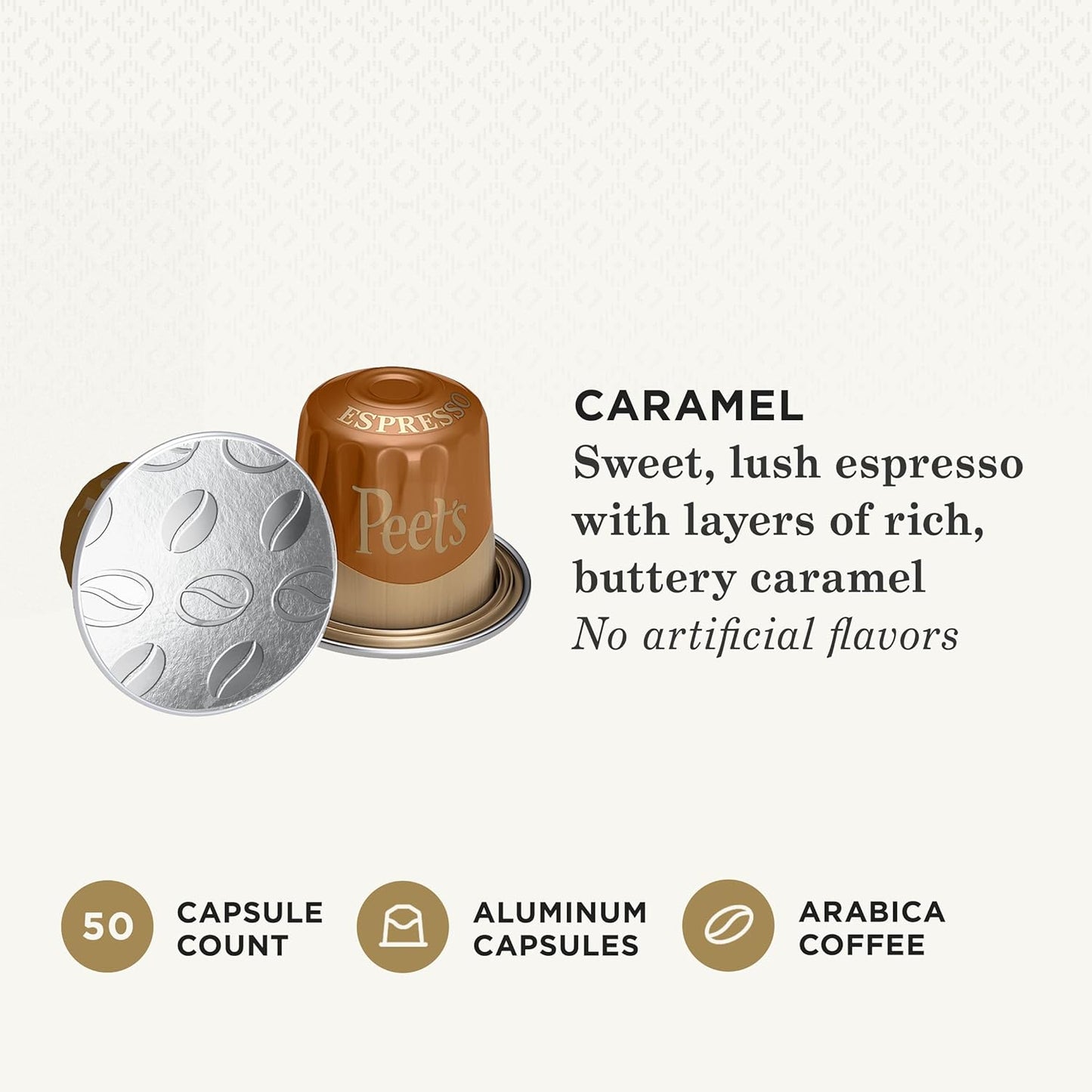 Peet's Coffee, Medium Roast Espresso Capsules, Compatible with Nespresso Original Machine - Caramel, 50 Count (5 Boxes of 10 Espresso Capsules)