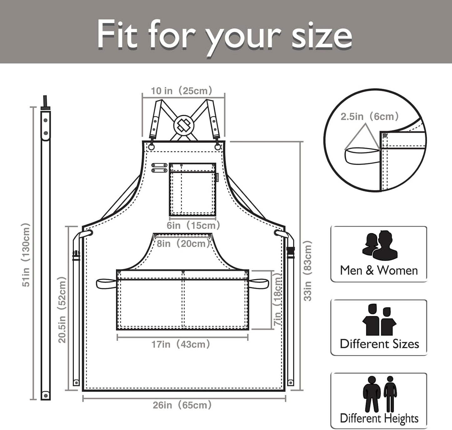 5 Pack Kitchen Apron, Work Apron, Canvas, Multiple Pockets, Gardening, Painting, BBQ, Artist, Carpenter, Sizes M to XXL, Dark Gray