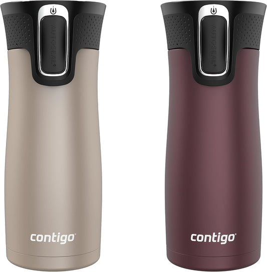 Contigo West Loop 2.0 Leak-Proof Spill-Proof Insulated Stainless Steel Travel Mug 16oz. 2 Pack Brown Sugar & Chocolate Truffle Metallic