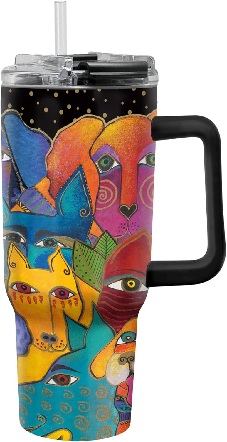 RainCaper 18/8 Stainless Steel Insulated Water Tumbler with Straw | 30oz, BPA-Free, Double Wall for Hot & Cold | Travel-Friendly, Cup Holder Ready (Laurel Burch Dog)