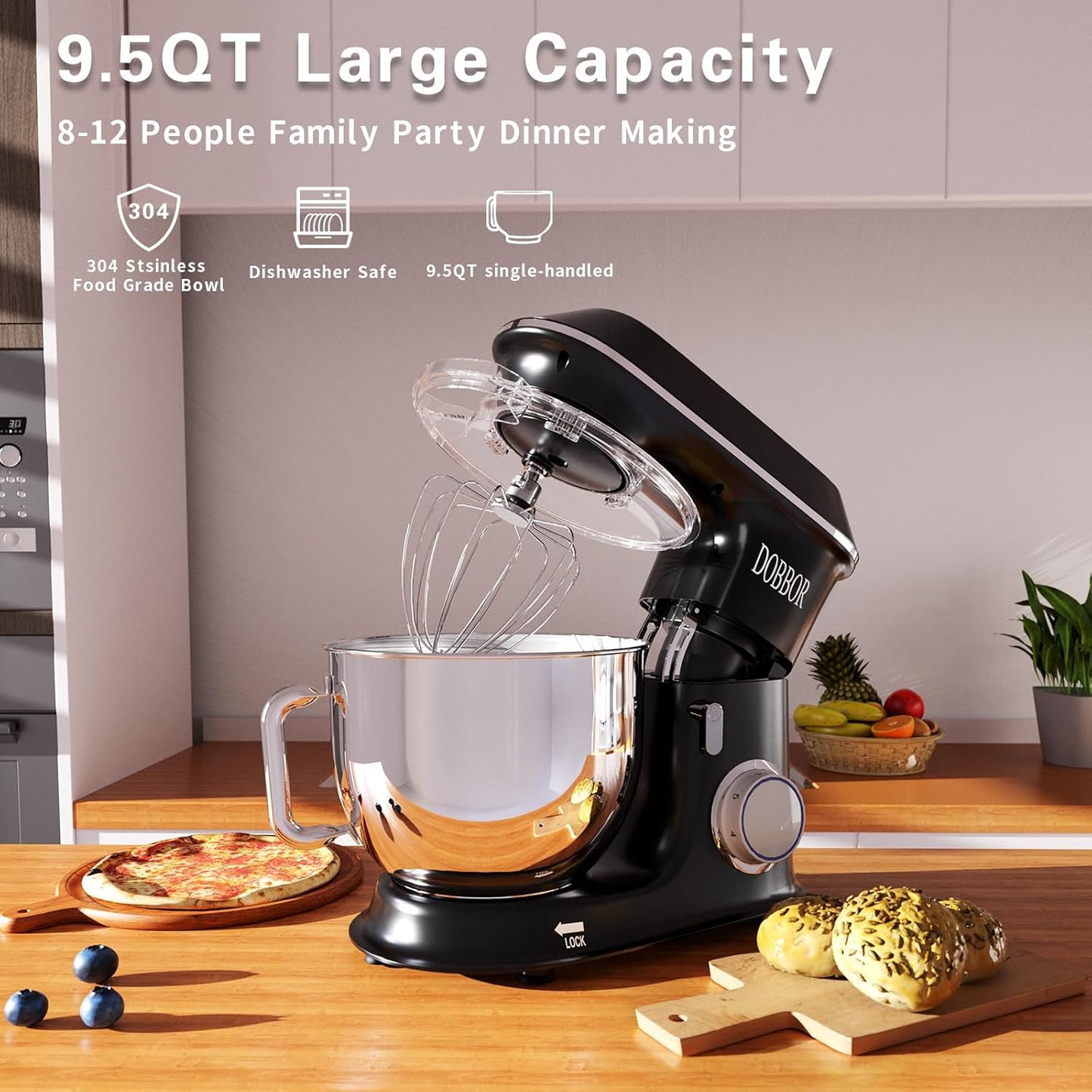 DOBBOR Electric Stand mixer, 9.5QT 660W 6 Speeds Tilt-Head Dough Mixers, Bread Mixer with Dough Hook, Whisk, Beater, Splash Guard for Baking Bread, Cake, Cookie, Pizza, Muffin, Salad and More - Black