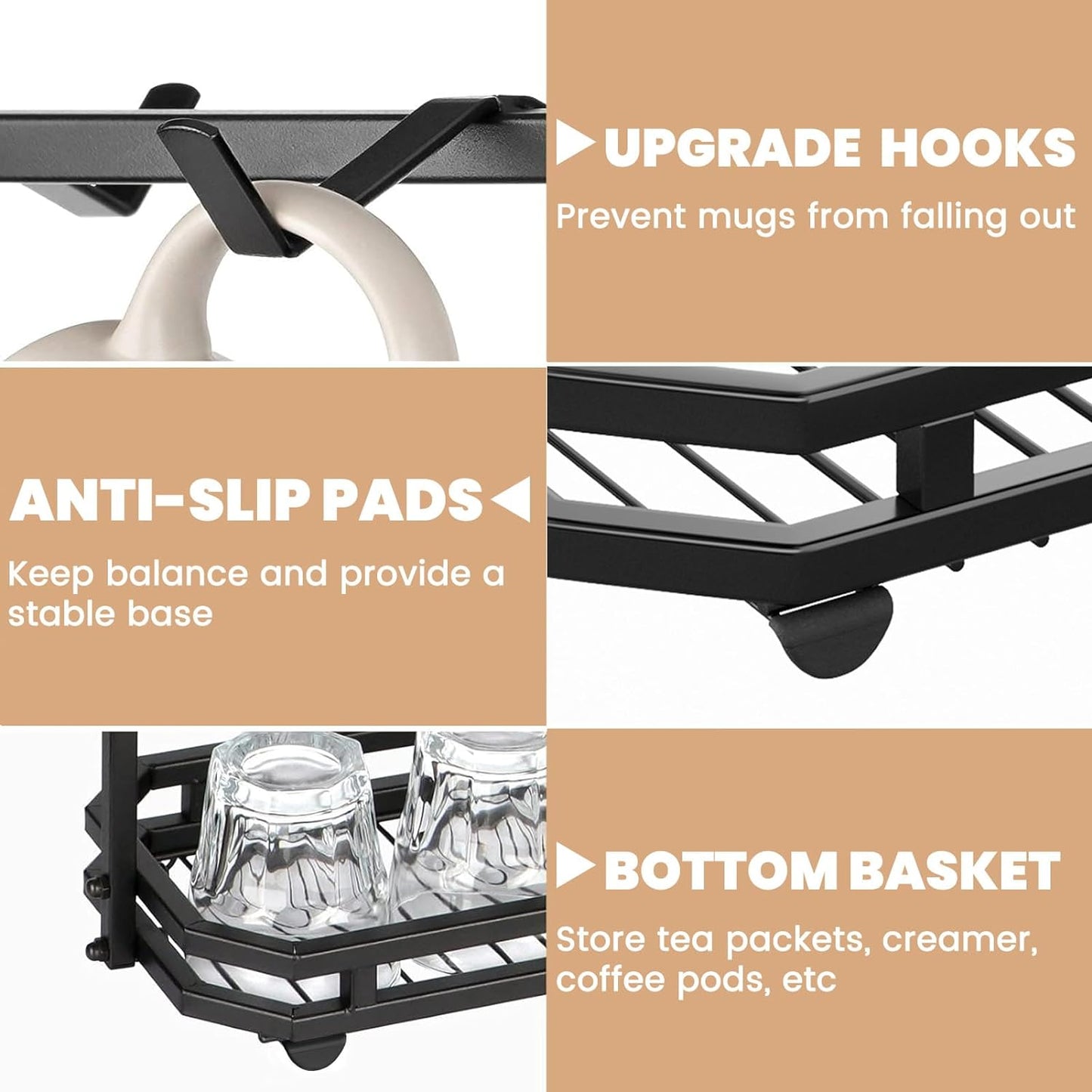 FANGSUN Large Coffee Mug Holder Stand Countertop, Tree Rack for 14 Mugs, 2 Tier Counter Display Storage, Metal Wire Tea Cup Holder for Coffee Station Kitchen Organizer, Not Included Mugs