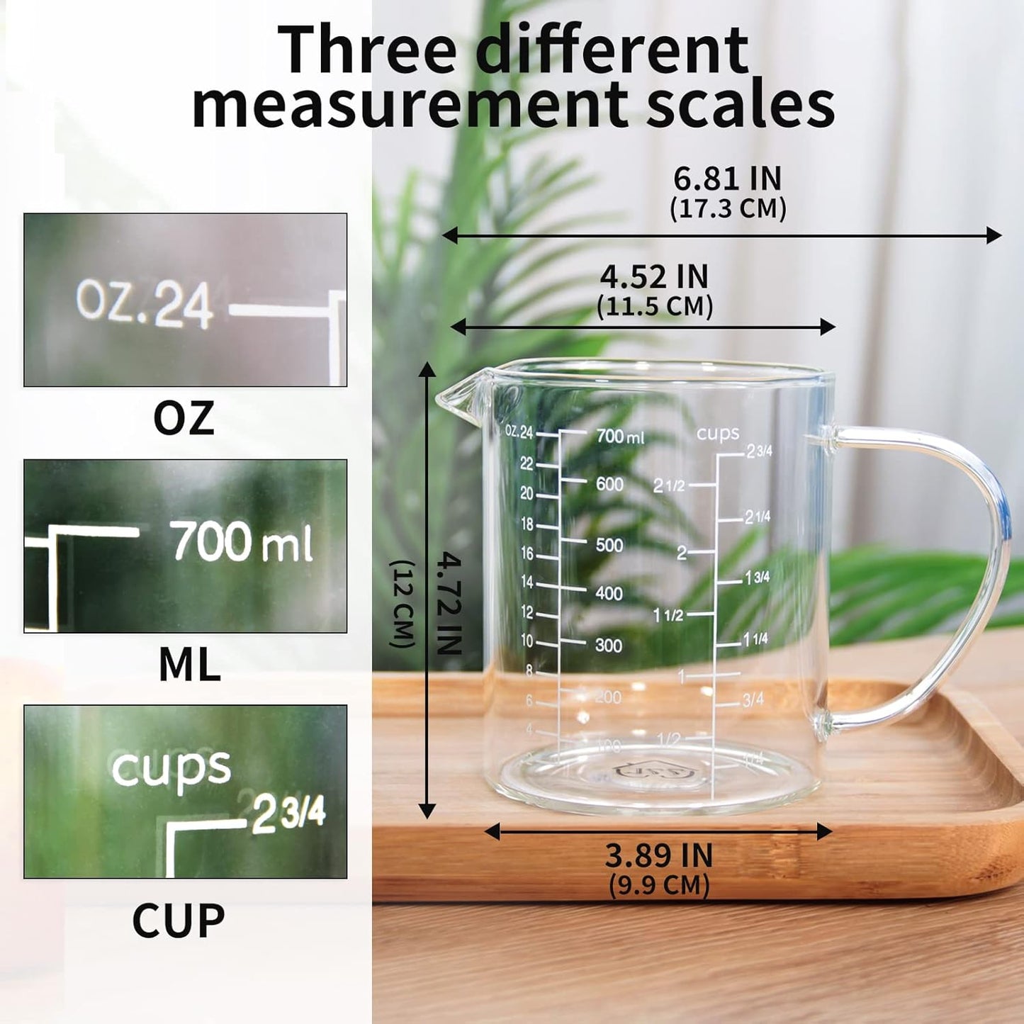 77L Glass Measuring Cup, Clear Liquid Measuring Cup with V-Shaped Spout and Three Scales, High Borosilicate Glass Beaker with Handle for Kitchen or Restaurant, 700 ML (0.7 Liter, 2 3/4 Cup)