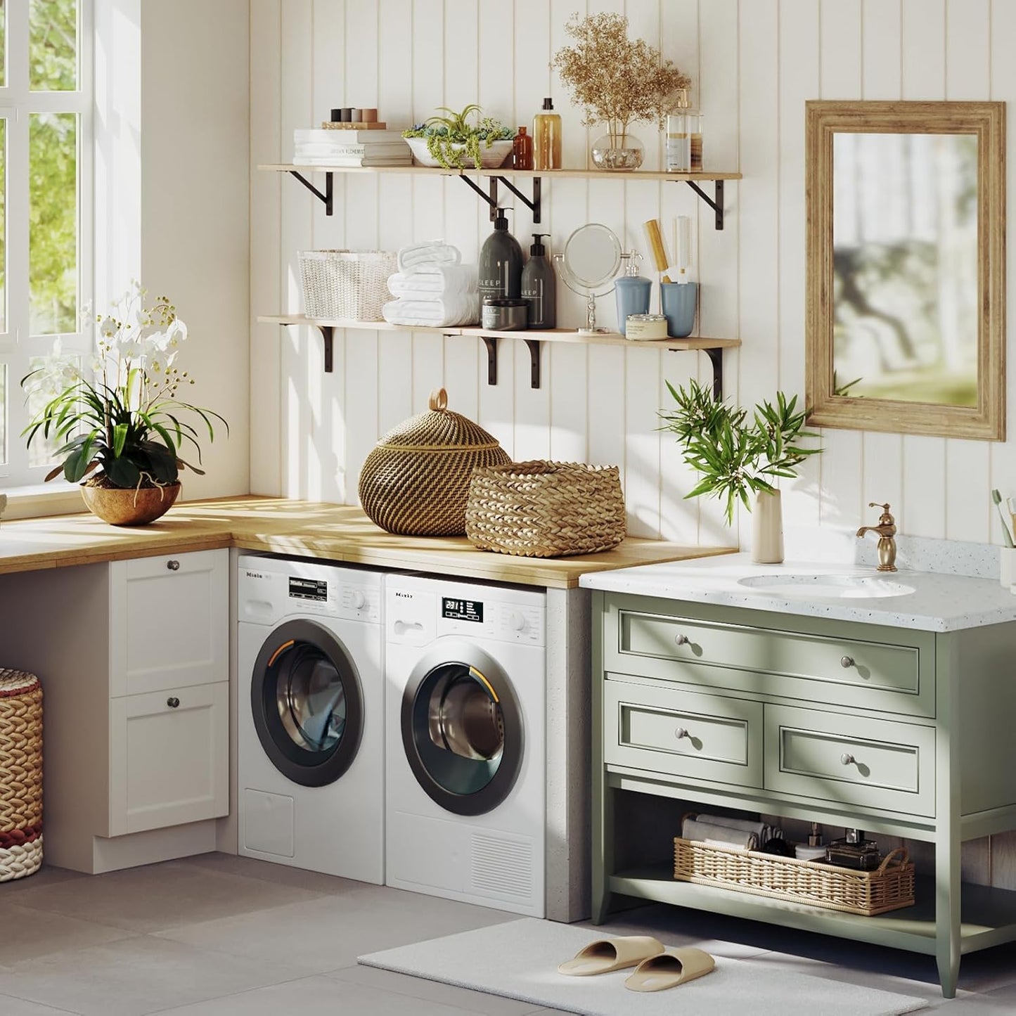 DINZI LVJ Long Wall Shelves, 31.5 Inch Wall Mounted Shelves Set of 2, Easy-to-Install, Wall Storage Ledges with Sturdy Metal Brackets for Living Room, Bathroom, Bedroom, Kitchen, Natural