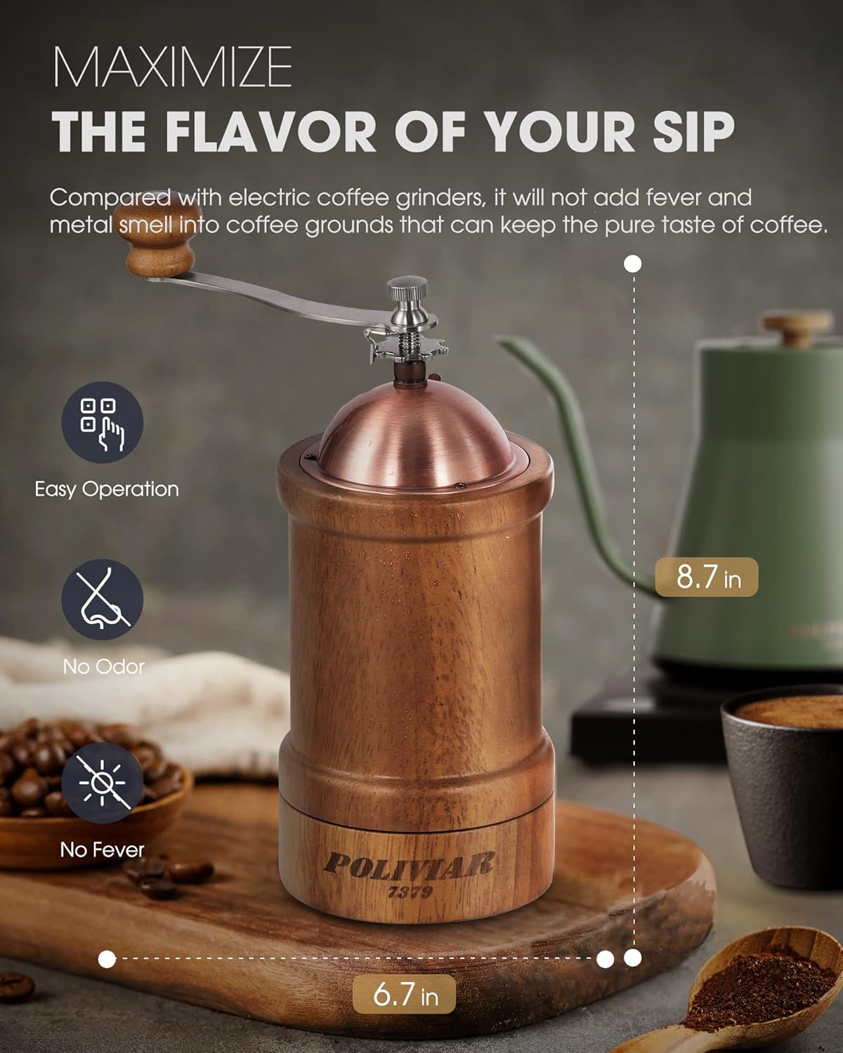 POLIVIAR Manual Coffee Grinder, Coffee Bean Grinder with Adjustable Ceramic Burr, Vintage Style Wooden Hand Coffee Grinder, Large Capacity Burr Coffee Grinder with Brush and Spoon (JX2022-CG20)