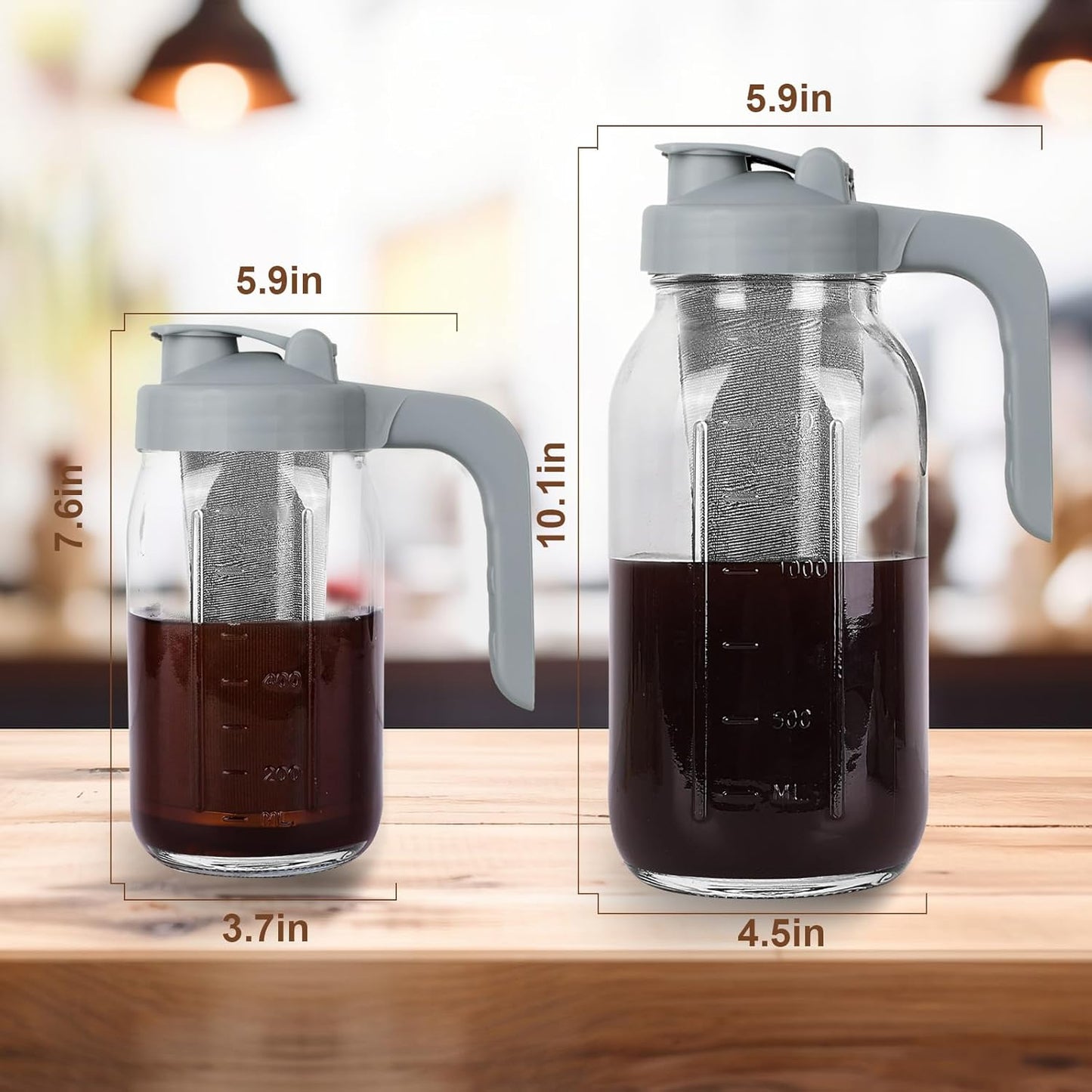 Cold Brew Coffee Maker Pitcher,32 Oz Glass Mason Jar Pitcher with V-shaped Pour Spout Handle Lid,Stainless Steel Filter for Iced Coffee,Iced tea,Breast Milk,Fruit Drinks,lemonade-Gray