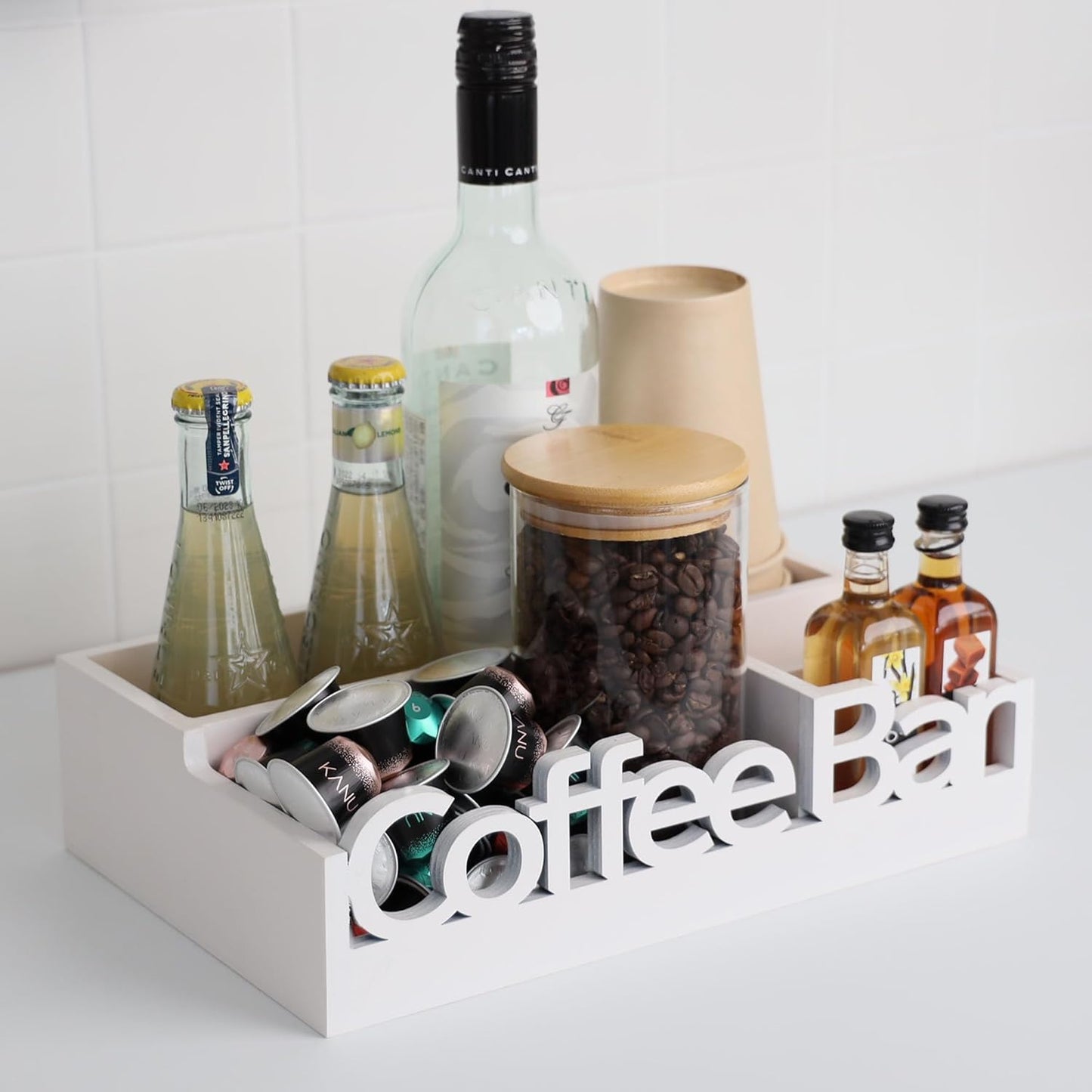 Coffee Bar Organizer for Countertop – Wooden Coffee Station Caddy with Compartments for Pods, Condiments, Tea, and Accessories – Home and Office Mini Coffee Station Organizer (White)