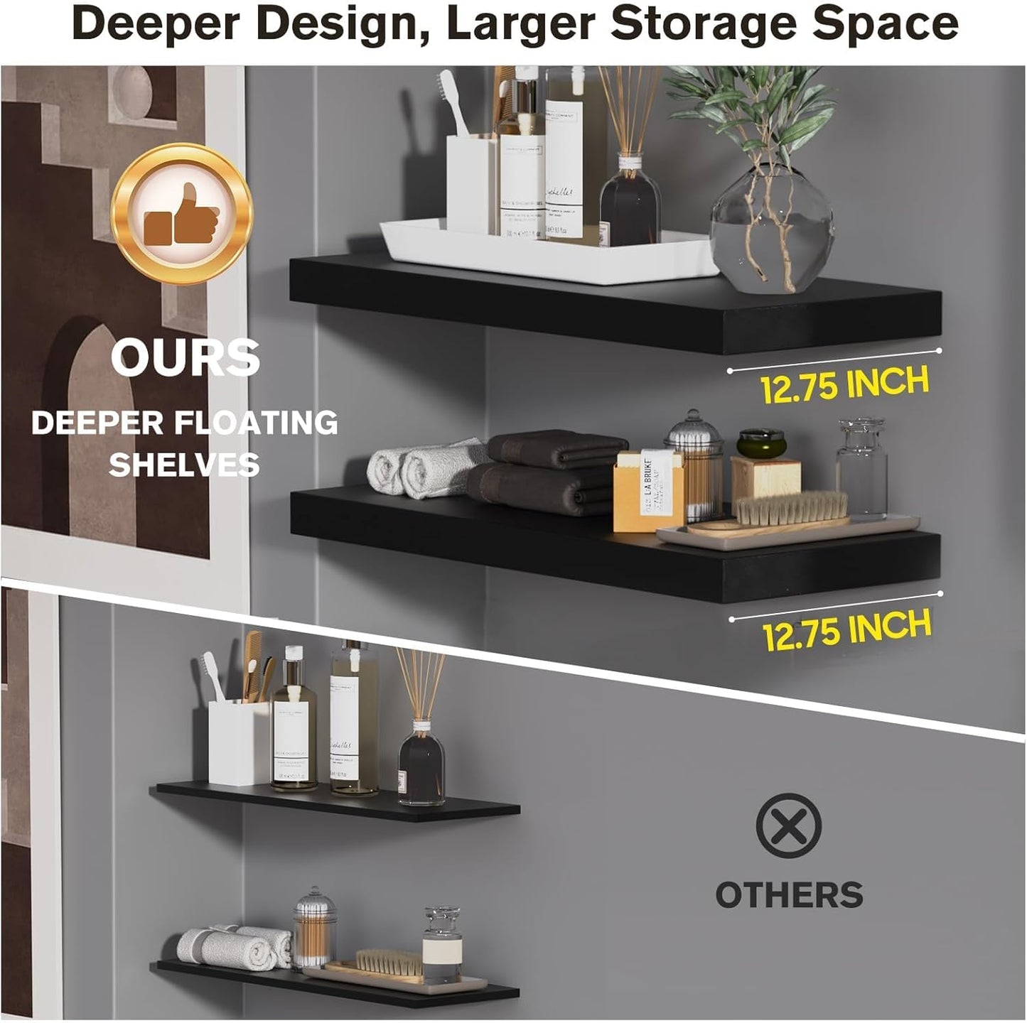 Floating Shelf, Set of 1 Wall Shelf, 30 in W x 12.75 in D x 2 in H Wooden Floating Wall Shelf with Invisible Brackets for Living Room/Bedroom/Bathroom/Kitchen Storage and Decor, Black