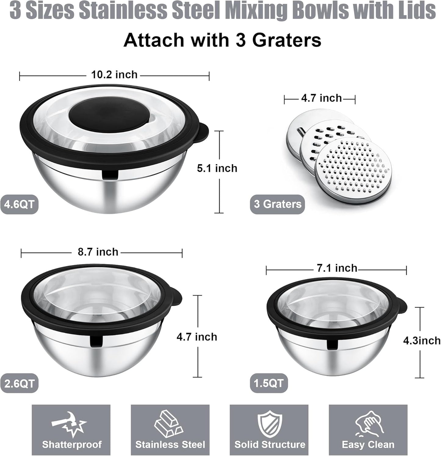 E-far Mixing Bowls with Lids and Graters, Stainless Steel Salad Mixing Bowl with Transparent Lid Set of 3, Metal Nesting Salad Storage for Kitchen Prepping/Serving/Baking, 4.6/2.6/1.5QT - Black